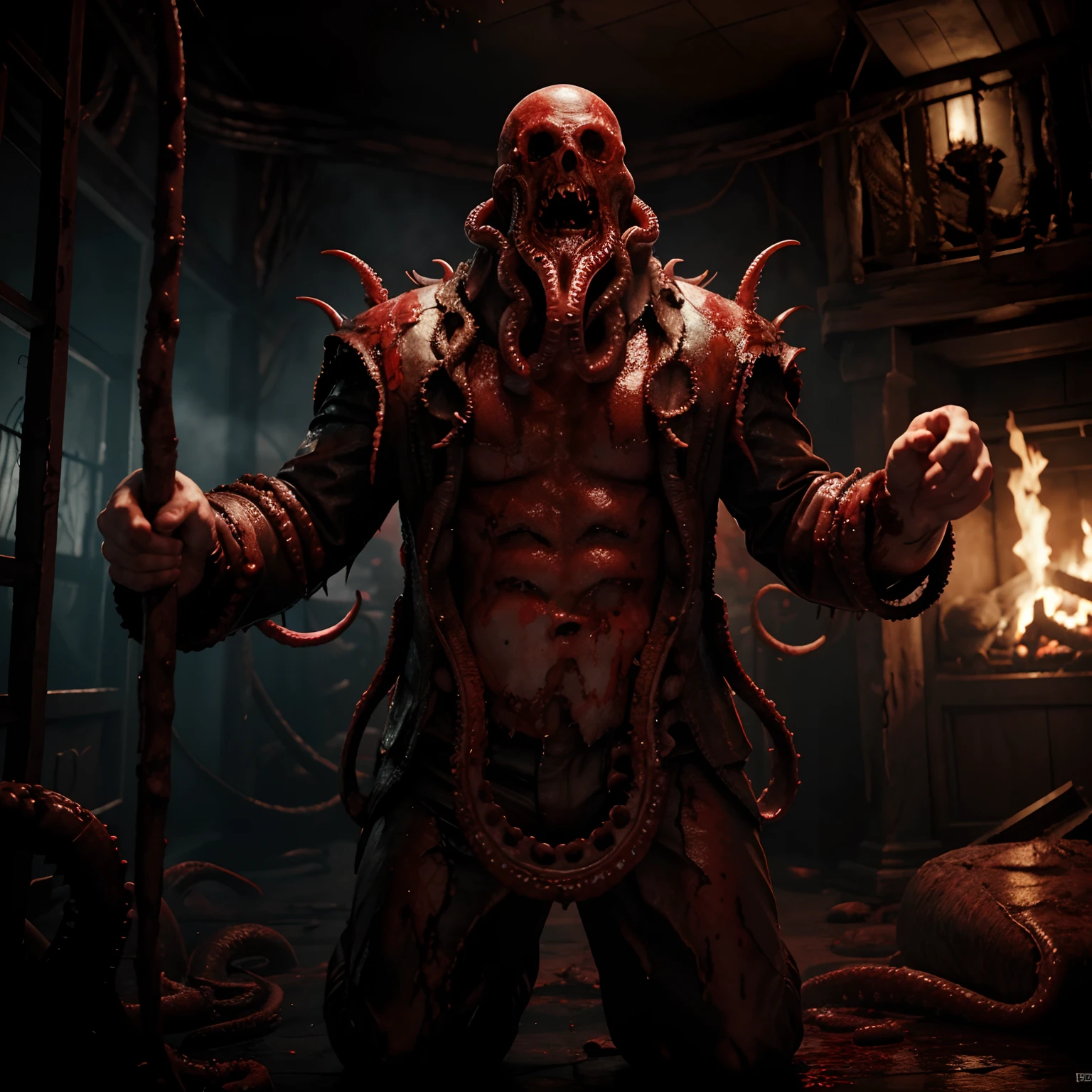 Man-sized elder god killing people with tentacles, bloody, gory, mercilessly murdering, hellish atmosphere, 8k, high resolution