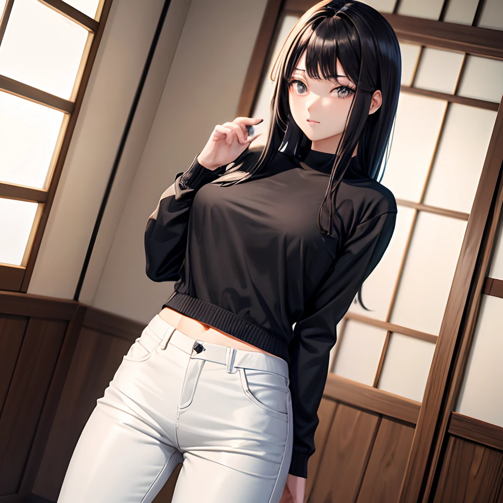 japonesa cabelo preto longo, olhos comunicativos, athletic body sweatshirt White pants black, seios grandes