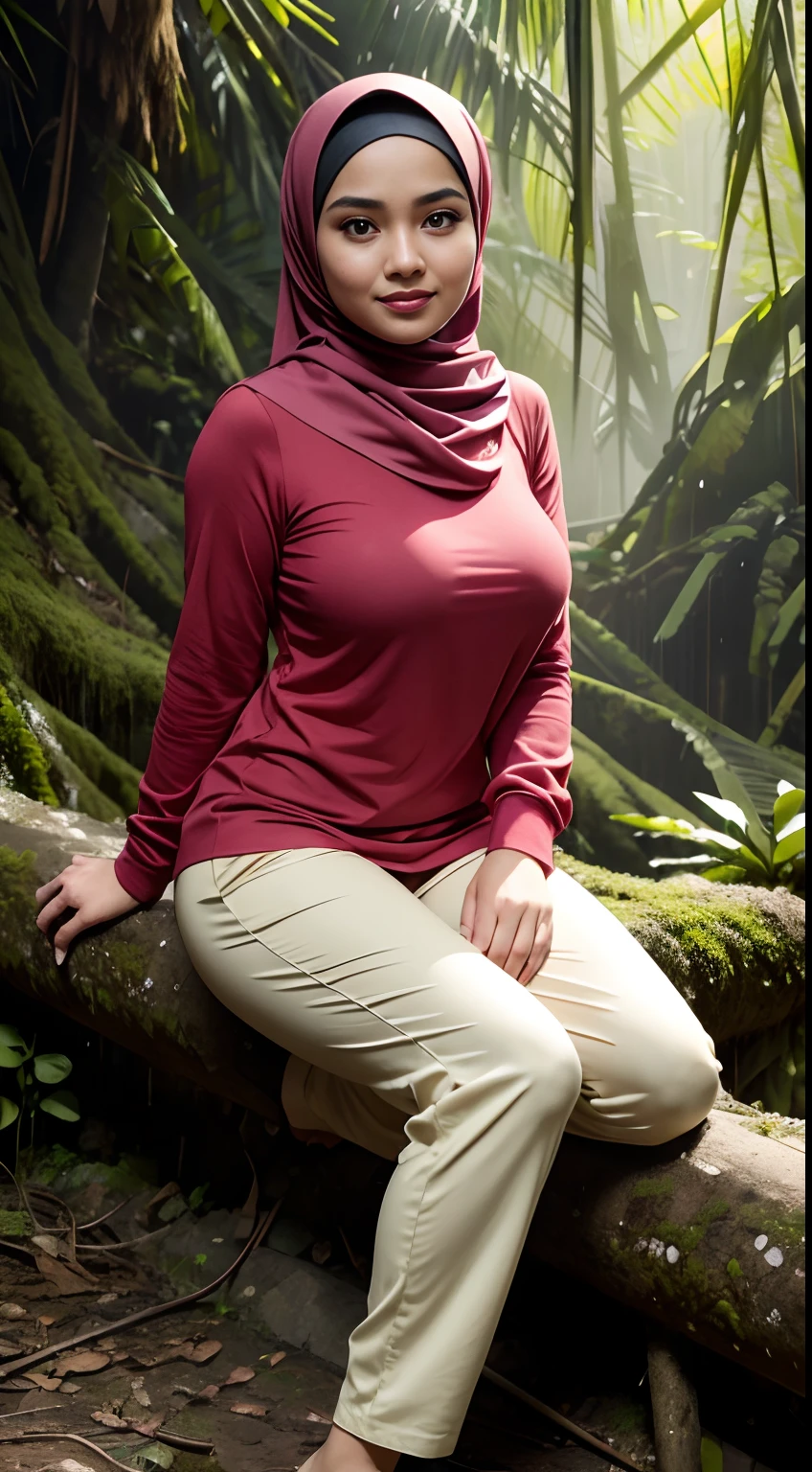 RAW, Best quality, high resolution, masterpiece: 1.3), beautiful Malay woman in hijau:0.8),Best quality, high resolution, Masterpiece: 1.3, Beautiful hijabi malay girl, Masterpiece, Soft smile, Realistic, 1girl, charming eyes, glowing eyes, cut top, dress, parted lips, blush, night, sun, sun, big breasted girl, fashion outfit, sexy feminine,wear kebaya red long neck, sitting in Rainforest Jungle、Dense jungle,Mossy megalithic ruins、Humid rainforest, bright sunshine, hiking clothes, pullover, long pants, highres,4k,HDR,1girl, photorealistic, realistic,sweat skin, wet clothes, wet body, big breast, ((full body))soaked, dripping, smiling at viewer, closeup