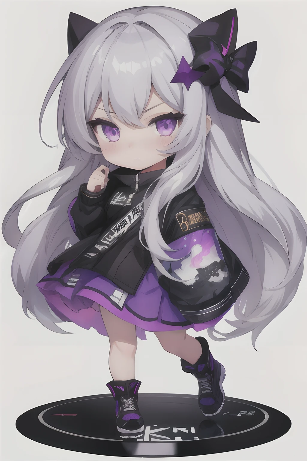 1girl, long hair, pc_chan,  chibi:1.5, silver hair,  purple eyes, dark skin, white background,  (full body:1.2),  (mischievous:1.2),