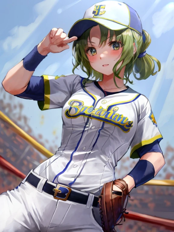 larachel fe, 1girl, solo, breasts, looking at viewer, blush, medium breasts, (baseball uniform:1.5), baseball cap, ((Tight leotard)), ((sexy fight pose)), ((Wrestling ring))