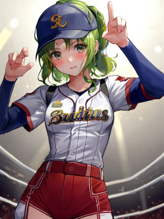larachel fe, 1girl, solo, breasts, looking at viewer, blush, medium breasts, (baseball uniform:1.5), baseball cap, ((Tight leotard)), ((sexy fight pose)), ((Wrestling ring))