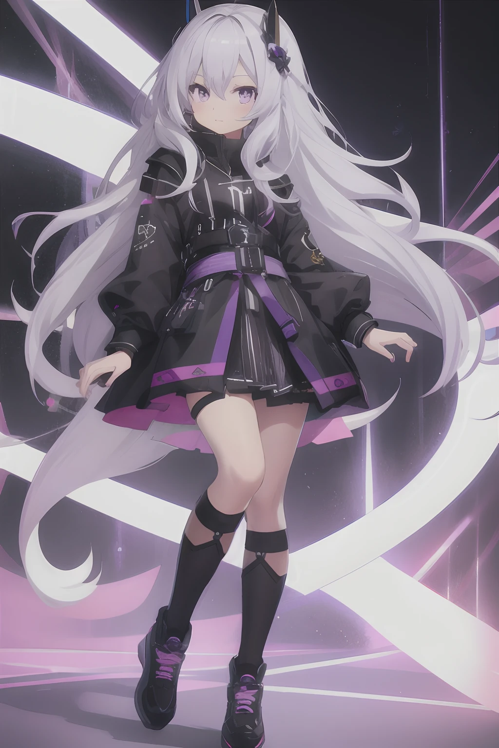 1girl, long hair, pc_chan,  chibi:1.5, silver hair,  purple eyes, dark skin, white background,  (full body:1.2),  (mischievous:1.2),