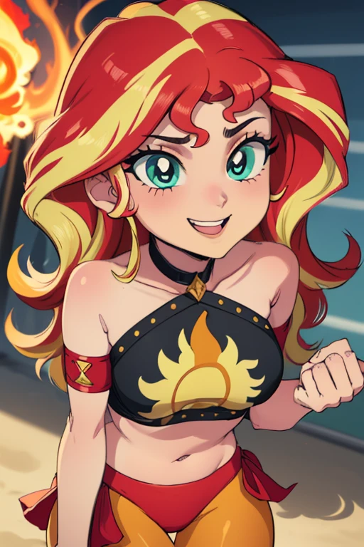 Bmaster, red hair, spiked hair, yellow eyes, pointy ears , tail, large breasts,
solo, upper body, smiling,
space, stars,