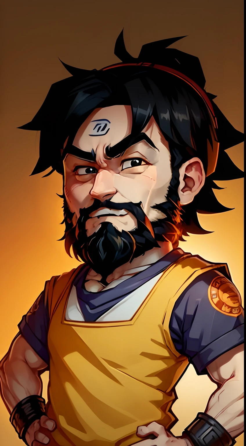a sticker, man who is a bartender. Short black hair and((Full beard.))) He has a friendly face and wears the Goku uniform from Dragon Ball, with a naruto bandana on his head, represented with vibrant colors, and big eyes. Chibbi Anime Style. White background, happy expression