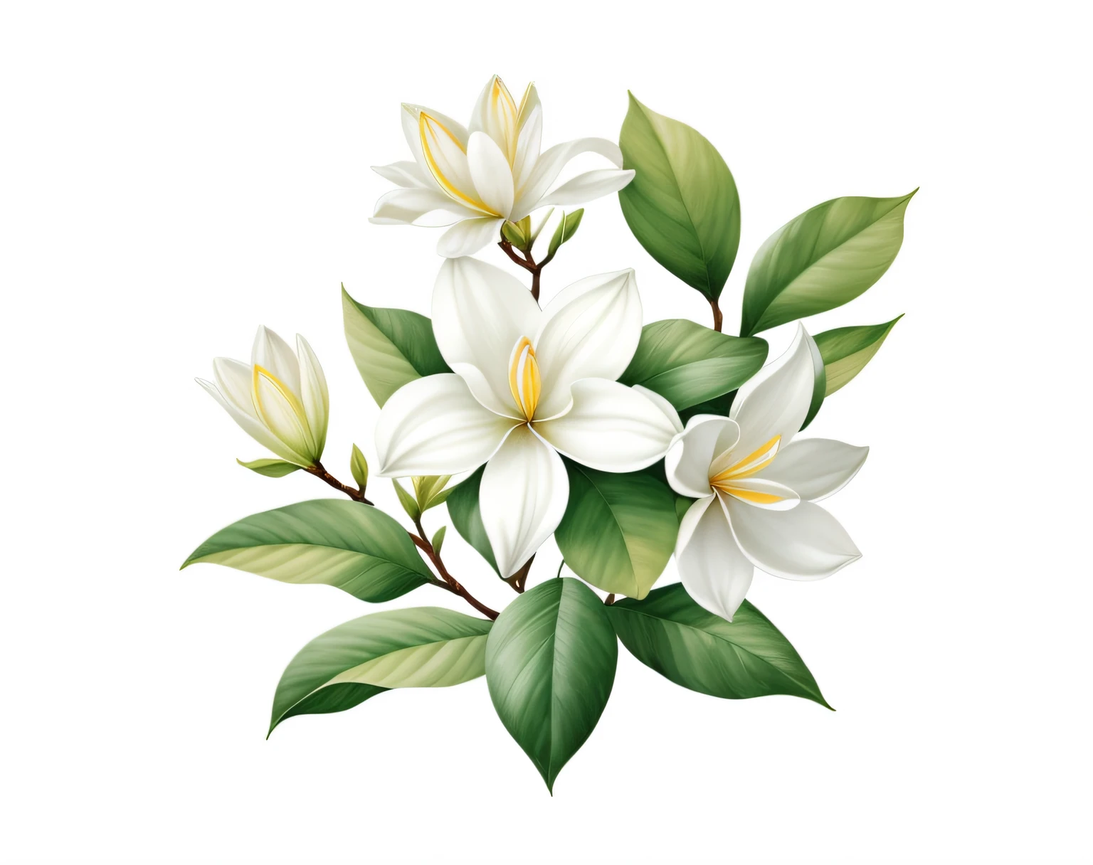 there is a painting of a white flower with green leaves, white flowers, magnolia, white flower, magnolias, botanical artwork, jasmine, elegant flowers, white blossoms, flowers and foliage, botanical, fragrant plants, botanical illustration, white lilies, magnolia leaves and stems, extremely high quality, botanical art, excellent quality, botanicals, plumeria, kalighat flowers