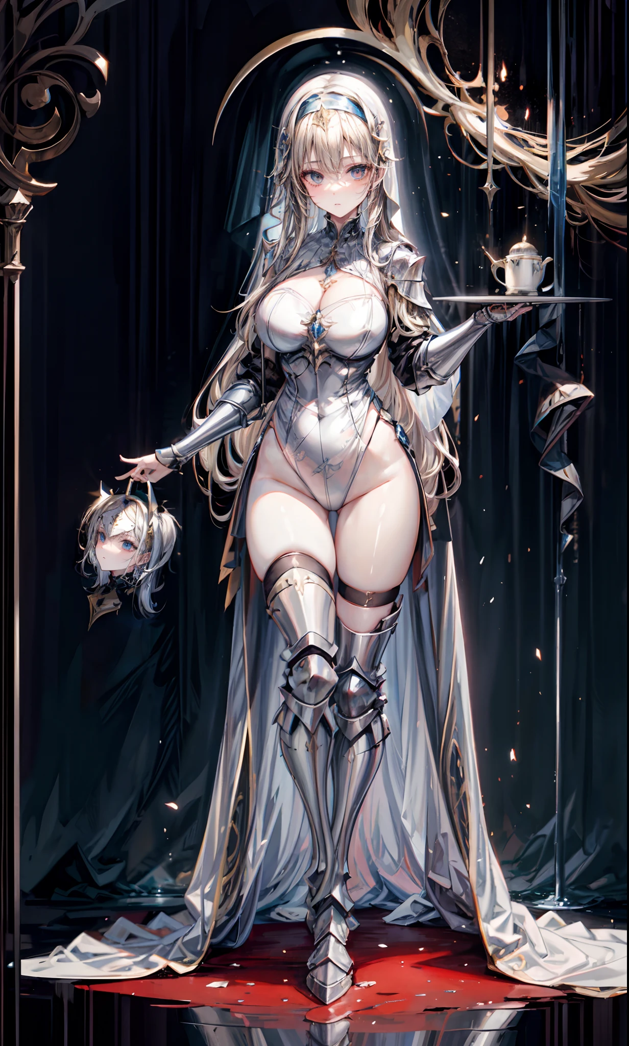 lewd nun,Long flowing blonde hair,(Wear an iron mask:2.0)and armor,Wearing an iron mask and armor,Metal heels,Long face,Long face,Long face shape