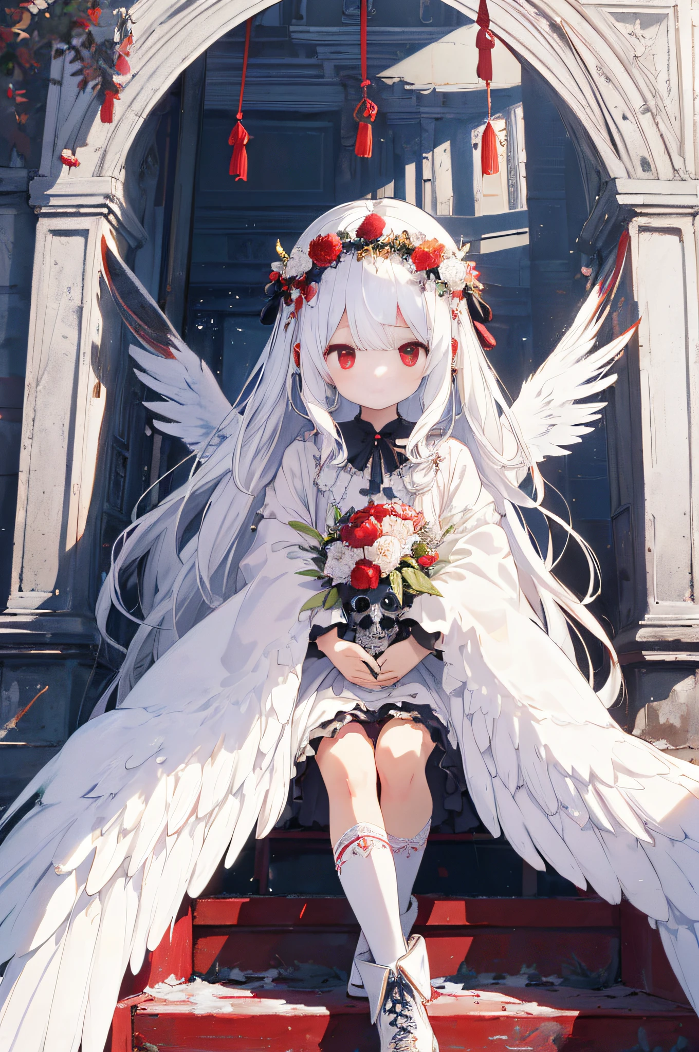 (masterpiece、Absurd quality、best qualtiy、Official art、Beautifully Aesthetic:1.2)、(1 :1.4)、ighly detailed、(Fractal Art:1.3)、(((rides a bike)))、colourfull、highestdetailed、vivd colour、From above、
angelicales、albino、baby-face、Hug thell、
Dark light、Fluffy white ruffled dress、White lace up short boots、Fluffy angel wings、snow-white long hair、Beautiful detailed red eyes、glare at viewer、Lots of skulls、