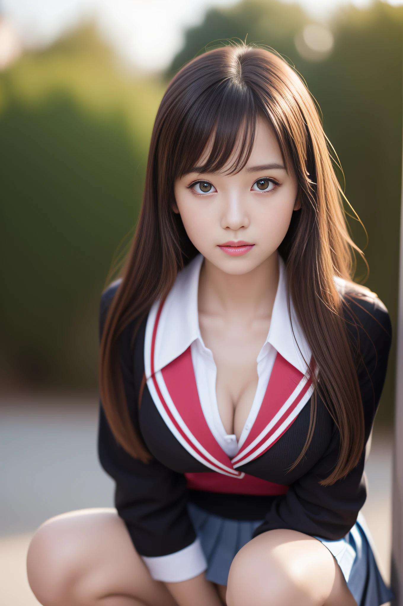 (1young girls), (extremely detailed beautiful face), Amazing face and eyes, (Best Quality:1.4), (Ultra-detailed), (extremely detailed CG unified 8k wallpaper), Highly detailed, Colossal tits、cleavage of the breast、High-definition raw color photos, Professional Photography, Realistic portrait, Amazing face and eyes, Pink eyes, (High School Uniform, Pleated mini-skirt:1.3), (High school uniform with wide open chest:1.4), Twin-tailed, Brown hair, (((Bokeh))), depth of fields, School, crass room, (Squatting:1.2), (Sheer lace panties:1.2), View from below