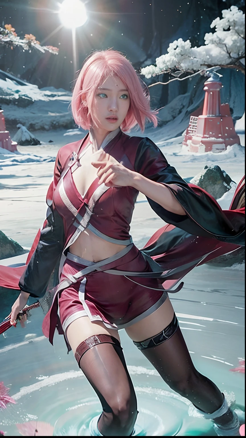 Real life adaption of this character, Asian teen beauty face, Shining green eyes,realistic long straight pink hair , realistic outfit, realistic shadow, realistic light, realism, hyper realistic, realistic background,(photorealistic:1.2)