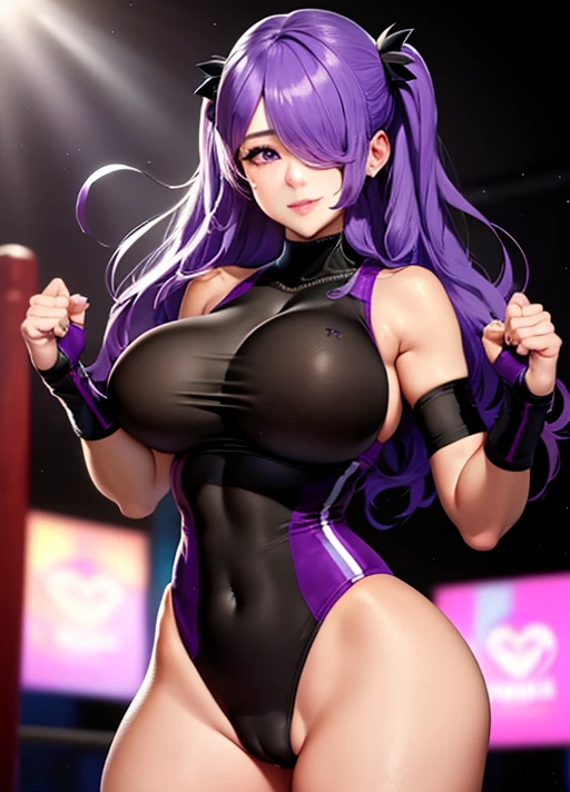 big eyes, small breasts, beautiful, (masterpiece:1.2), (best quality:1.2), (perfect eyes:1.1), (perfect face:1.1), smiling, perfect lighting, yoga pants, sports bra, purple hair, hairclip, arms behind back, mature female, large breasts, slight light smile, ((Tight leotard)), ((sexy fight pose)), ((Wrestling ring)),