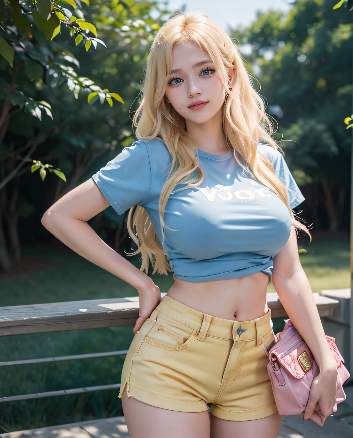 1girl, (Blue Eyes), smiling, (Sana Minatozaki), wide hips, Big Boobs, big ass, (Best Quality, 8k, Masterpiece: 1.3), Clear Focus: 1.2, Perfect Body Beauty: 1.4, Slender Abs: 1.2, Highly detailed face and skin texture, detailed eyes, double eyelids, red lips (long blonde hair), (yellow t-shirt), (shorts jeans), (sneakers), teenage girl room, teddies
