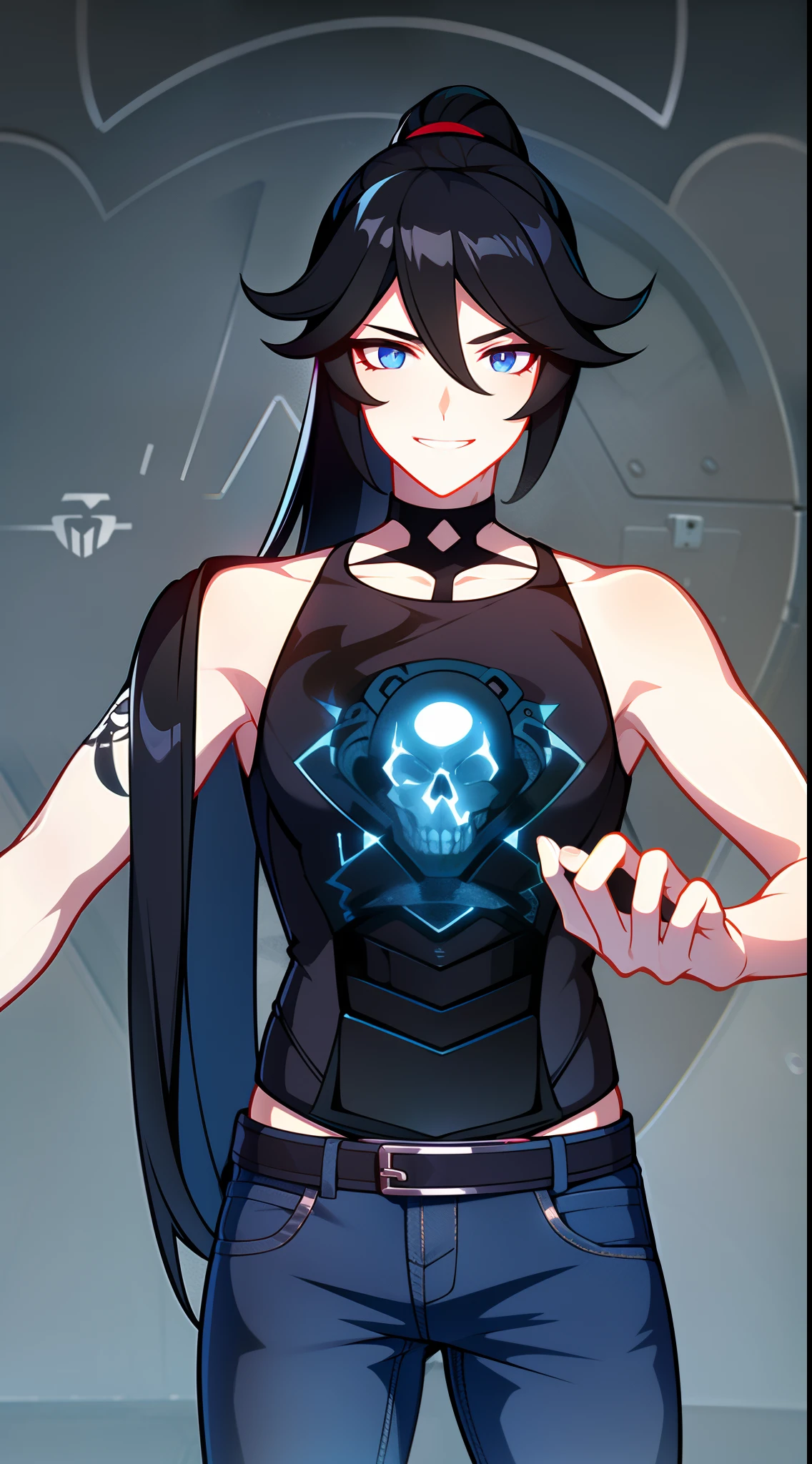 Grown-up guy, Long black hair, high ponytail, blue eyes, Smile, beatiful face, bodyarmor, Sleeveless, Drawing of the skull, Jeans, circuits, arma, brawn, Punisher's Seal, tattoo, Masterpiece, hiquality, 4k, HD, Good detail