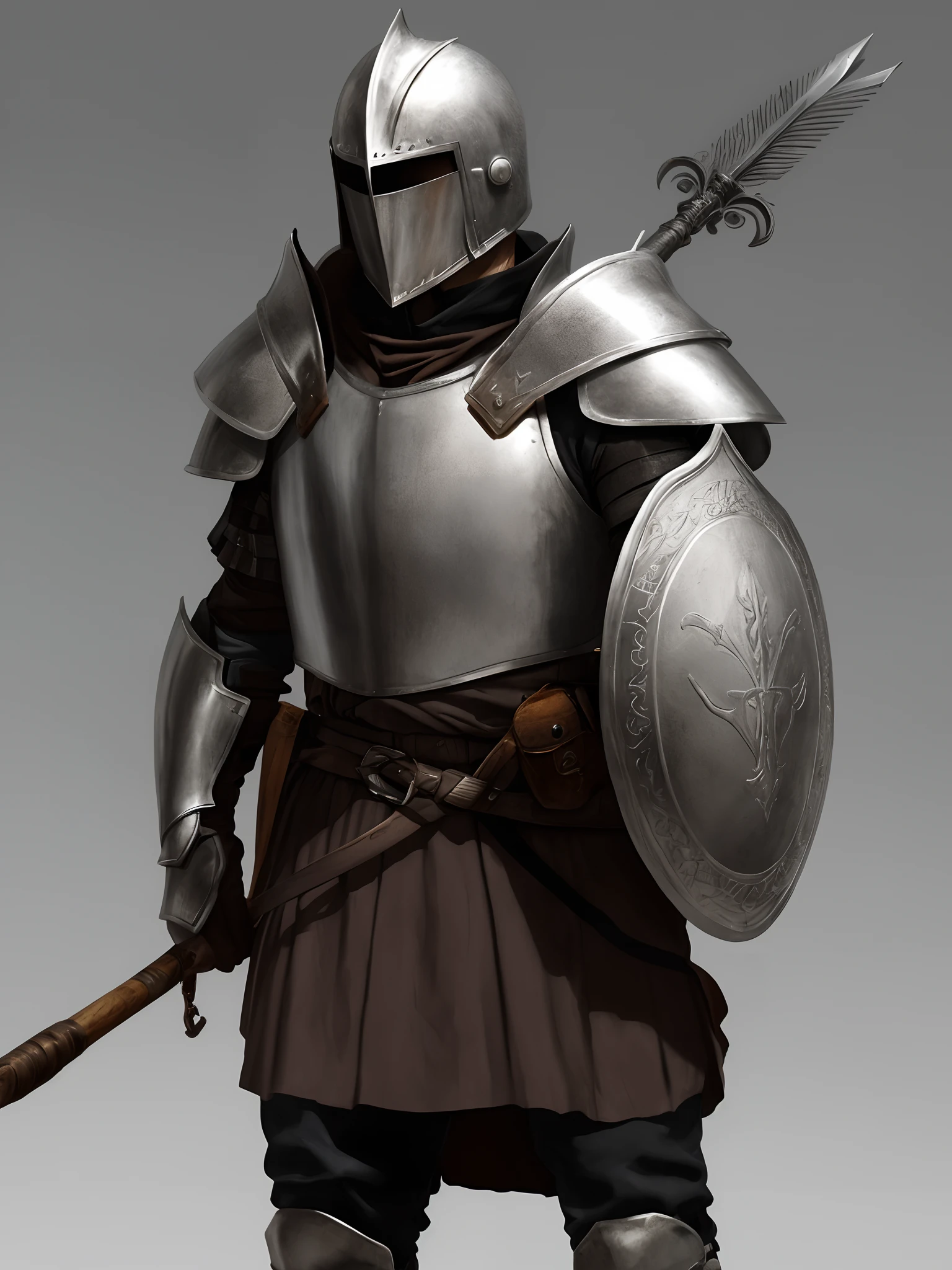 Knight wearing a Western-style black helmet and armor and holding a spear and shield