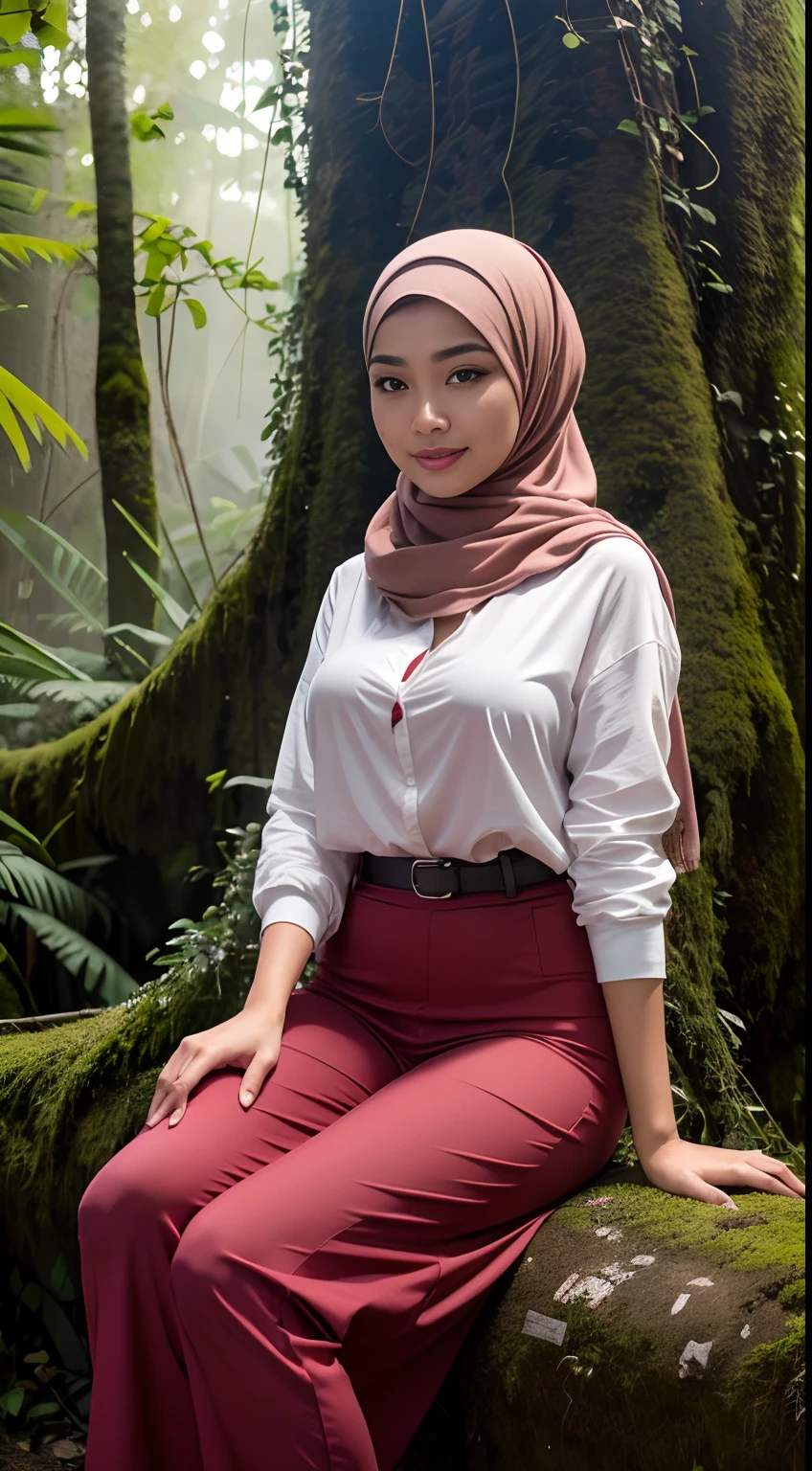 RAW, Best quality, high resolution, masterpiece: 1.3), beautiful Malay woman in hijab (iu:0.8),Best quality, high resolution, Masterpiece: 1.3, Beautiful hijabi malay girl, Masterpiece, Soft smile, Realistic, 1girl, charming eyes, glowing eyes, cut top, dress, parted lips, blush, night, sun, sun, big breasted girl, fashion outfit, sexy feminine,wear kebaya red long neck, sitting in Rainforest Jungle、Dense jungle,Mossy megalithic ruins、Humid rainforest, bright sunshine, hiking clothes, pullover, long pants, highres,4k,HDR,1girl, photorealistic, realistic,sweat skin, wet clothes, wet body, big breast, ((full body))soaked, dripping, smiling at viewer, closeup