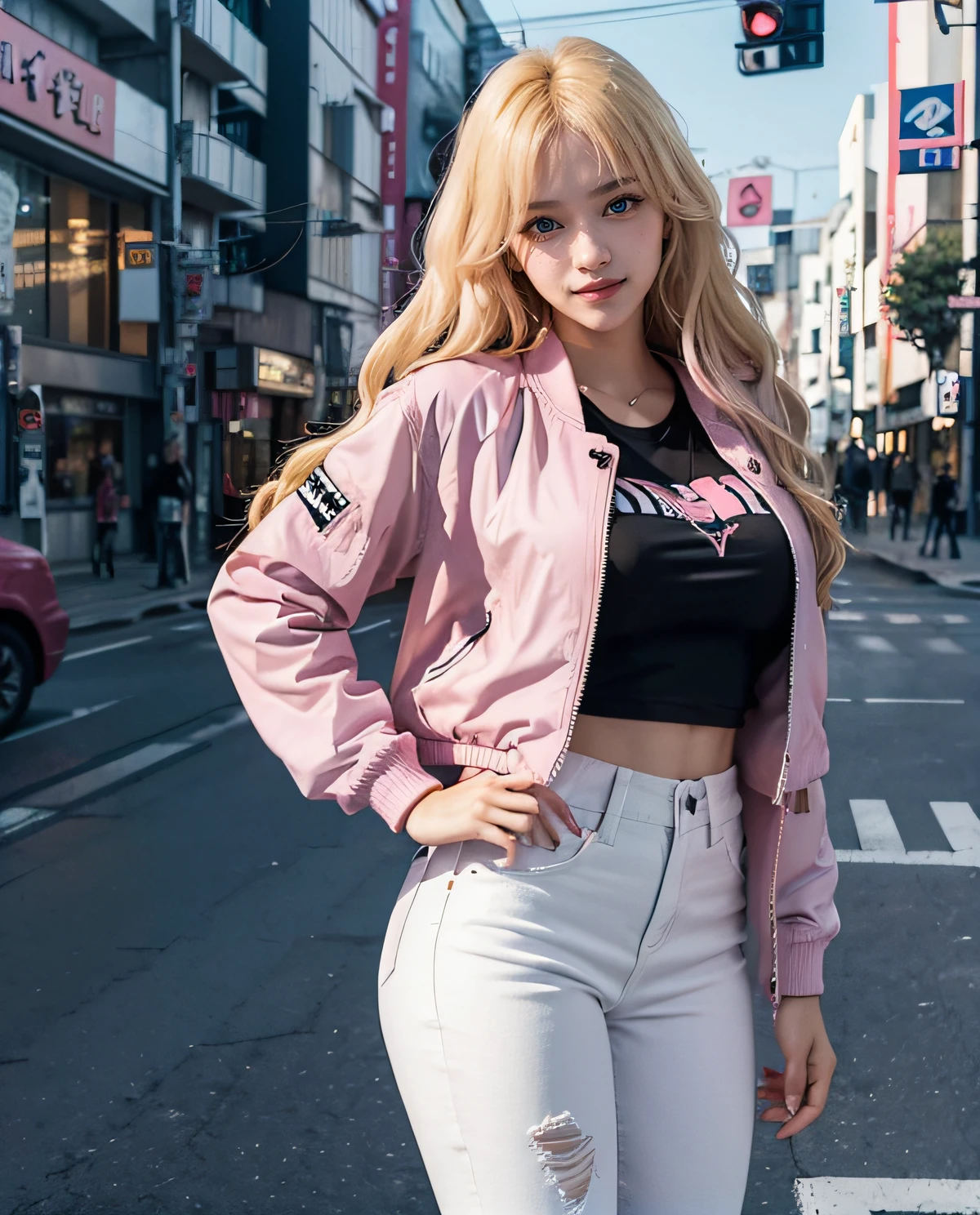1girl, (Blue eyes), (Smile), (Sana Minatozaki), wide hips, Big Boobs, big ass, (Best Quality, 8k, Masterpiece: 1.3), perfect hands, Clear Focus: 1.2, Perfect Body Beauty: 1.4 , Slender Abs: 1.2, Highly detailed face and skin texture, detailed eyes, double eyelids, (blonde long hair :1.1), (black t-shirt :1.1), (pink jacket :1.3), (white jeans :1.2), standing, dynamic pose, in a tokyo neighborhood illuminated with signs