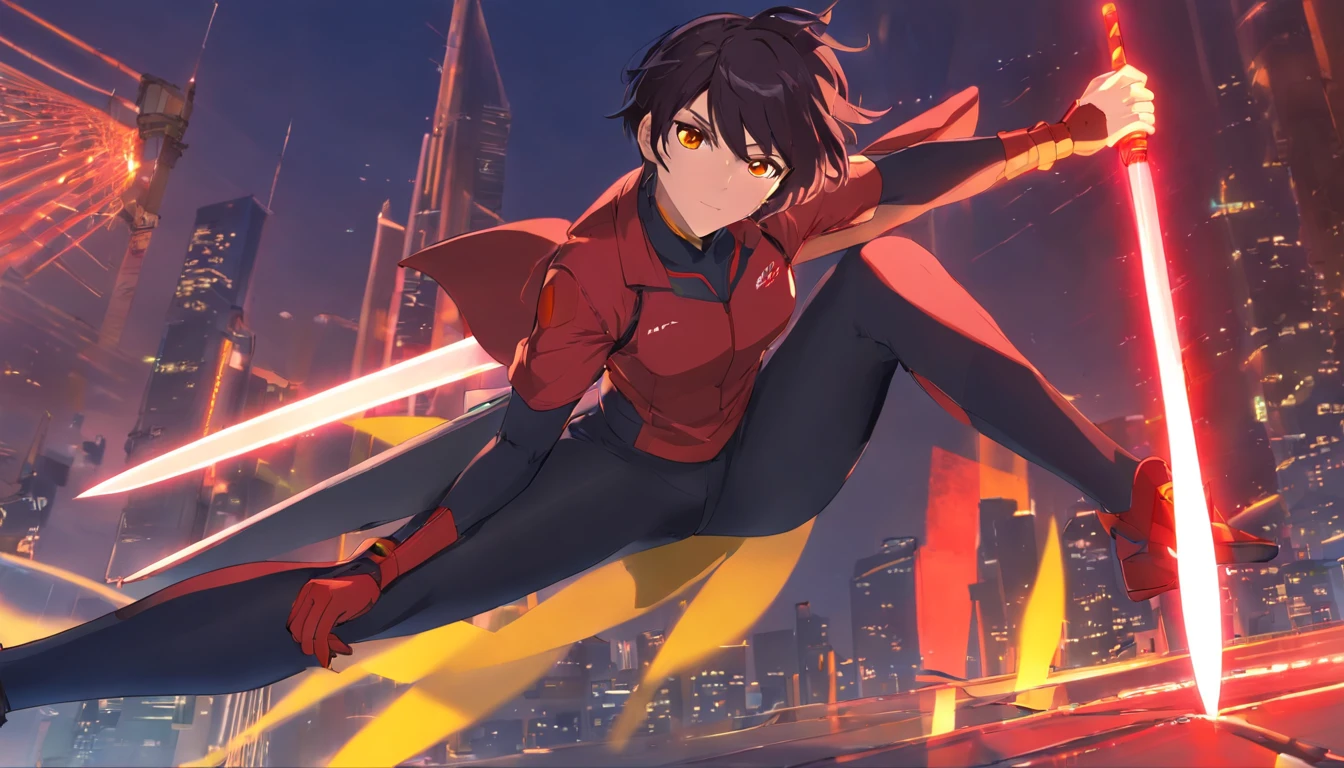 1 male human、A dark-haired、Huge ass、Black Tights Suit、yellow eyes、Large, thick thighs、short-haired、wide hips、musculature、Red Monpe、red clothing、Arm Blade、Red Helmet