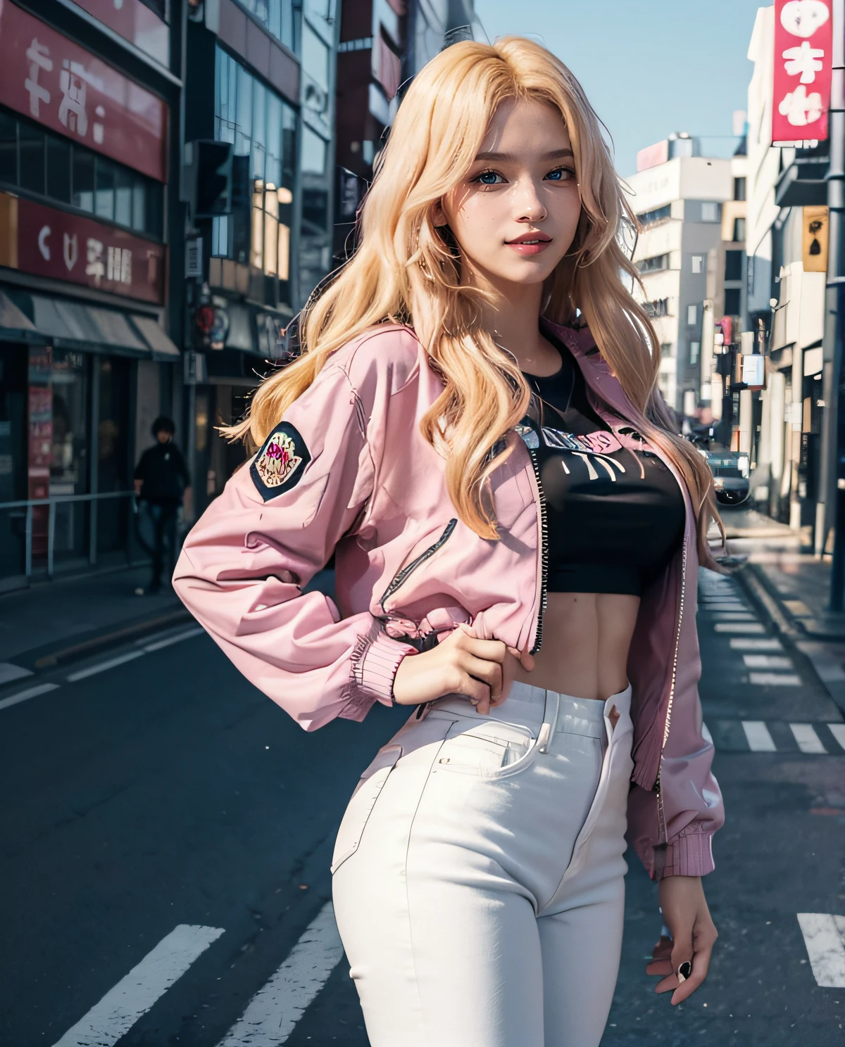 1girl, (Blue eyes), (Smile), (Sana Minatozaki), wide hips, Big Boobs, big ass, (Best Quality, 8k, Masterpiece: 1.3), perfect hands, Clear Focus: 1.2, Perfect Body Beauty: 1.4 , Slender Abs: 1.2, Highly detailed face and skin texture, detailed eyes, double eyelids, (blonde long hair :1.1), (black t-shirt :1.1), (pink jacket :1.3), (white jeans :1.2), standing, dynamic pose, in a tokyo neighborhood illuminated with signs