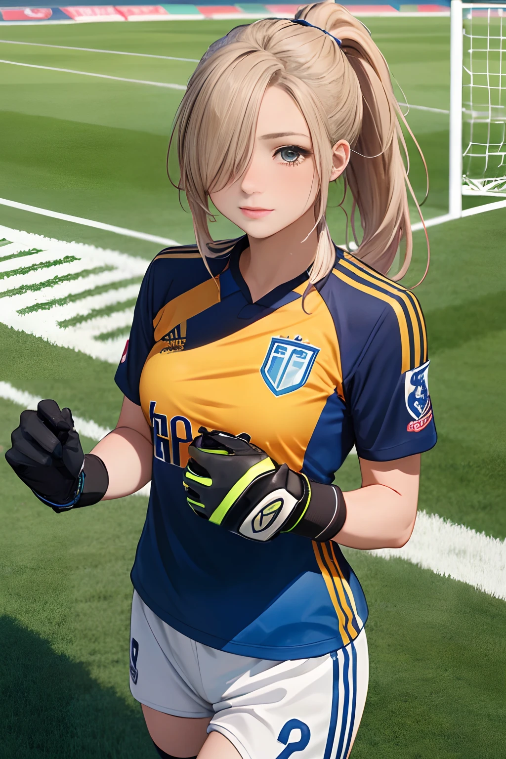 masterpiece, best quality cowboy_shot, 1female soccer player, goalkeeper, (long_ponytail hair:1.25), (hair over one eye:1.2), wearing goalkeeper gloves, goalpost on the background, soccer field,
