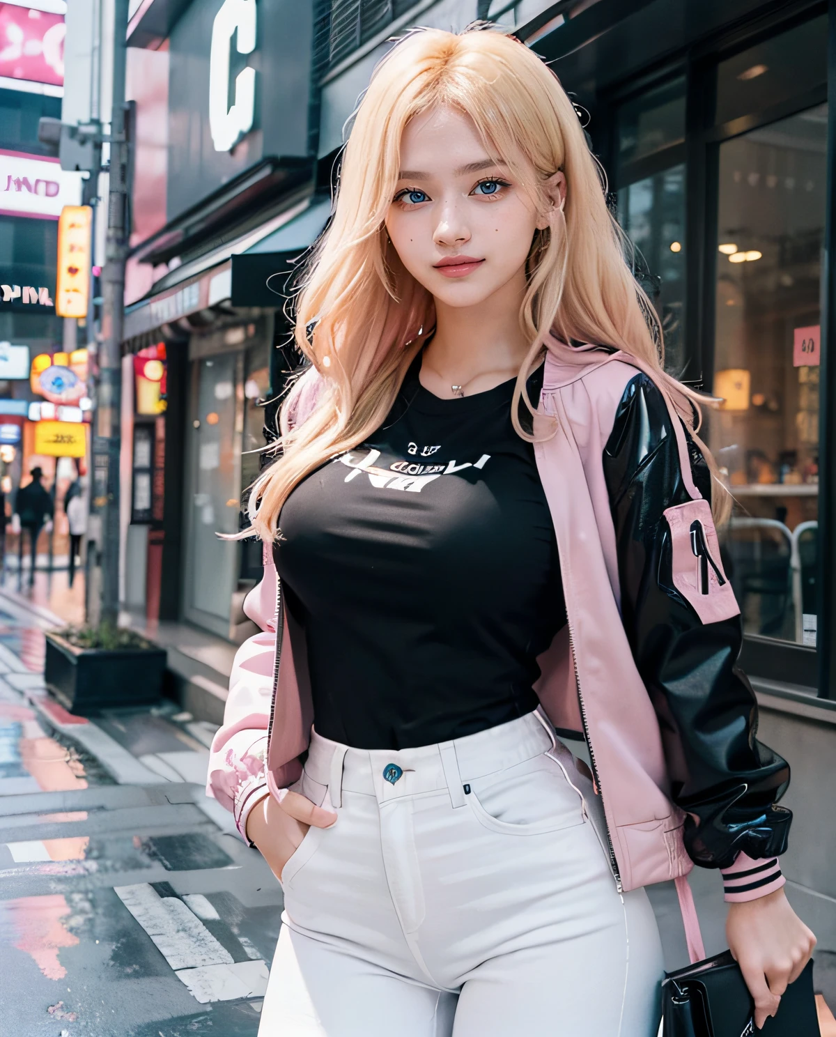 1girl, (Blue eyes), (Smile), (Sana Minatozaki), wide hips, Big Boobs, big ass, (Best Quality, 8k, Masterpiece: 1.3), perfect hands, Clear Focus: 1.2, Perfect Body Beauty: 1.4 , Slender Abs: 1.2, Highly detailed face and skin texture, detailed eyes, double eyelids, (blonde long hair :1.1), (black t-shirt :1.1), (pink jacket :1.3), (white jeans :1.2), standing, dynamic pose, in a tokyo neighborhood illuminated with signs