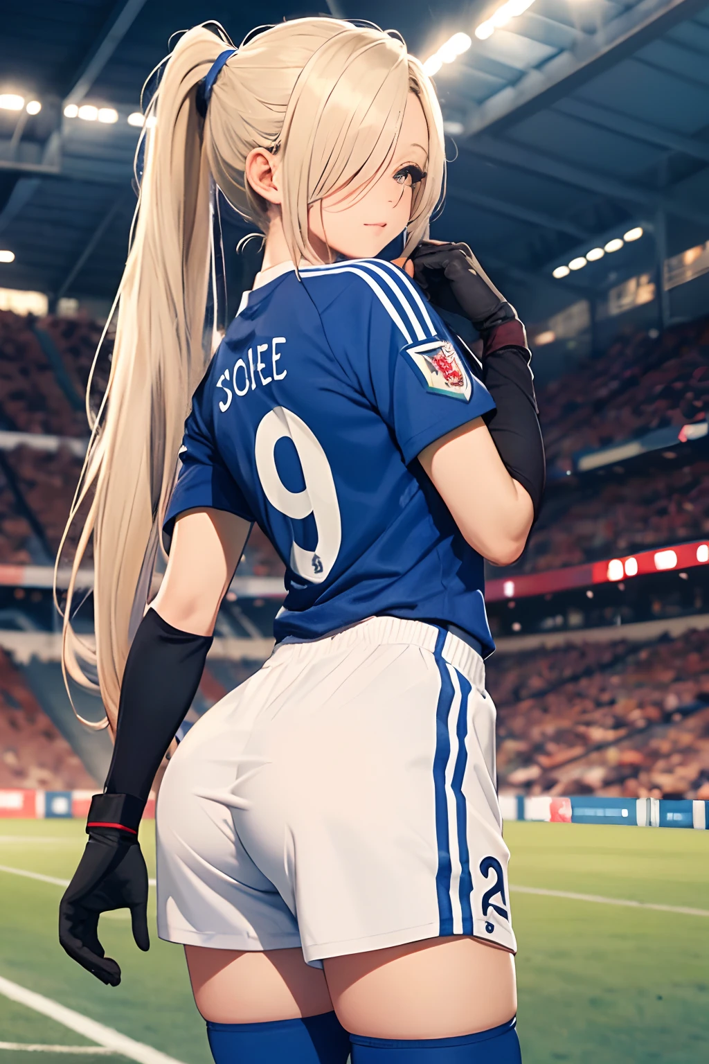 masterpiece, best quality cowboy_shot, 1female soccer player, goalkeeper, (long_ponytail hair:1.25), (hair over one eye:1.2), wearing goalkeeper gloves, goalpost on the background, soccer field,