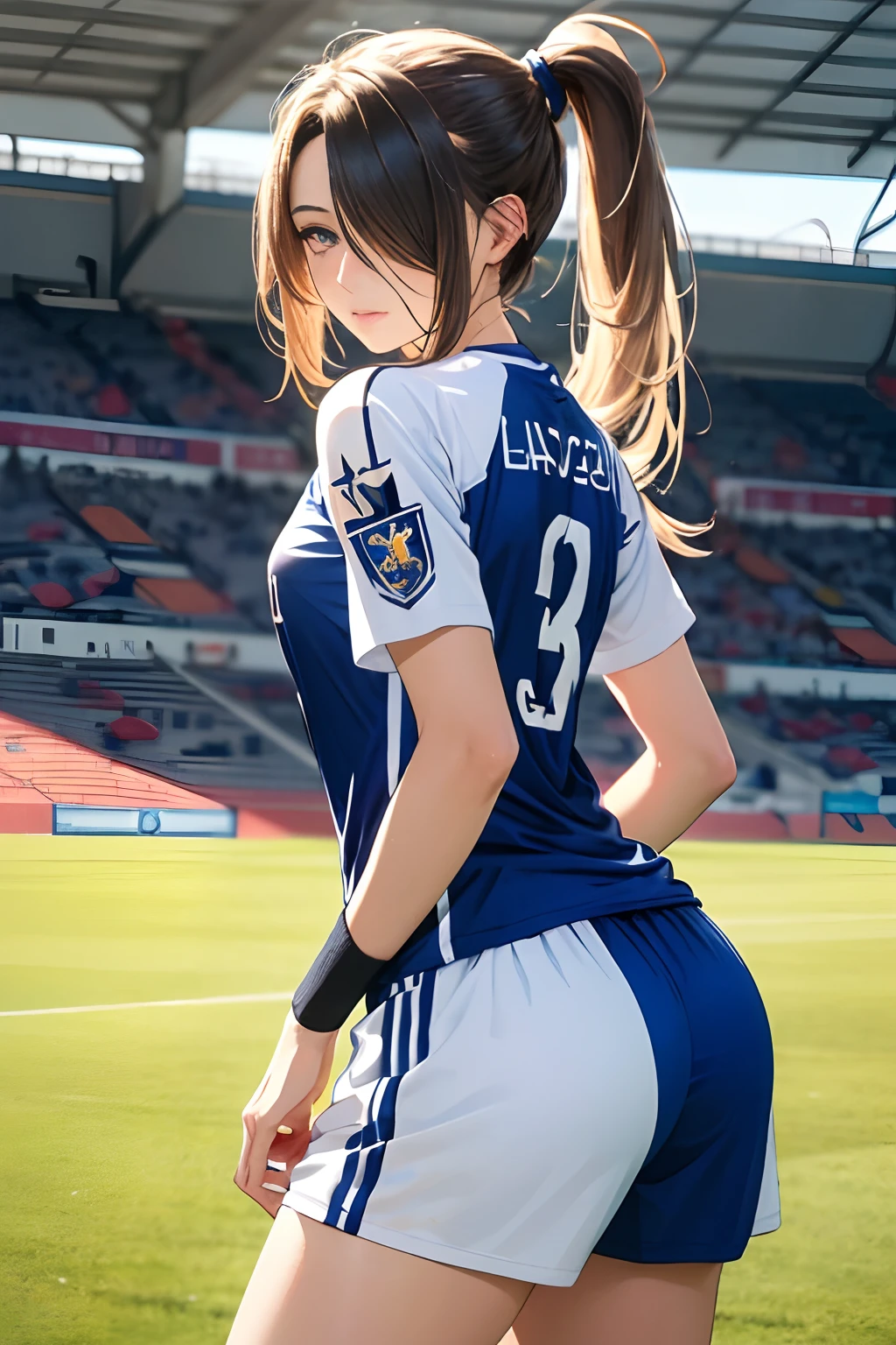 masterpiece, best quality cowboy_shot, 1female soccer player, goalkeeper, (long_ponytail hair:1.25), (hair over one eye:1.2), soccer field, detailed beautiful eyes, detailed gorgeous face,