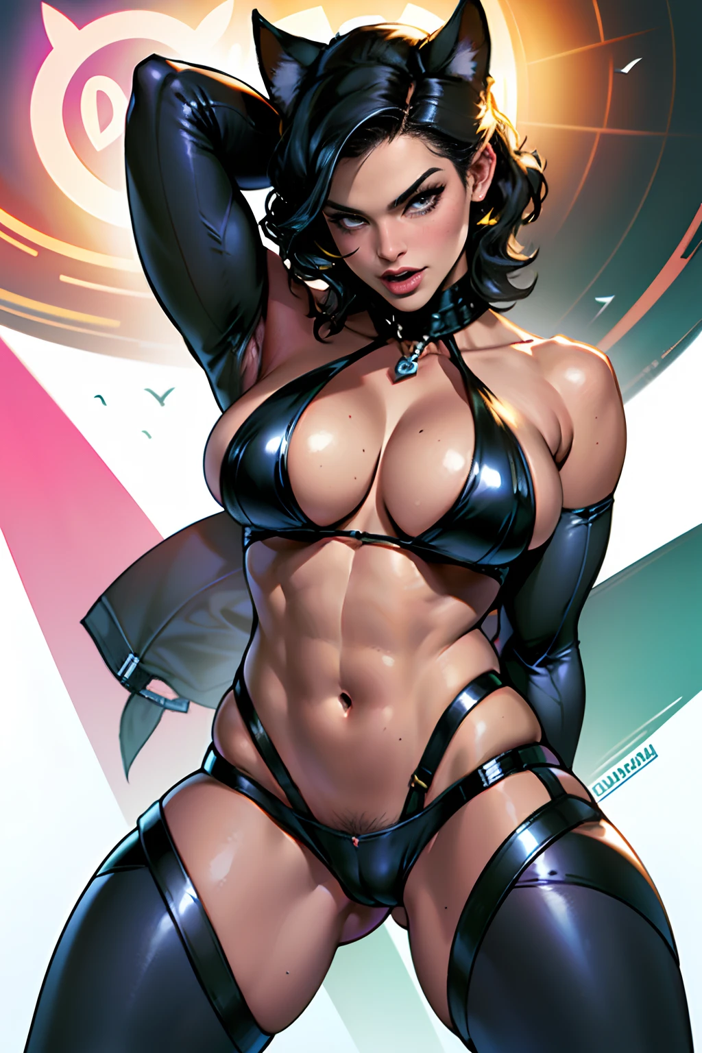 (High quality, best rendering),Catwoman from DC Comics, gigantic cleavage breasts, psychopath, Crazy face, Sexy pose, 2 pieces outfit, No top, Pastel, Centered, Scale to fit the dimensions, Miniature tong, Tiny micro bikini, Pubic hair is exposed，camel-toe