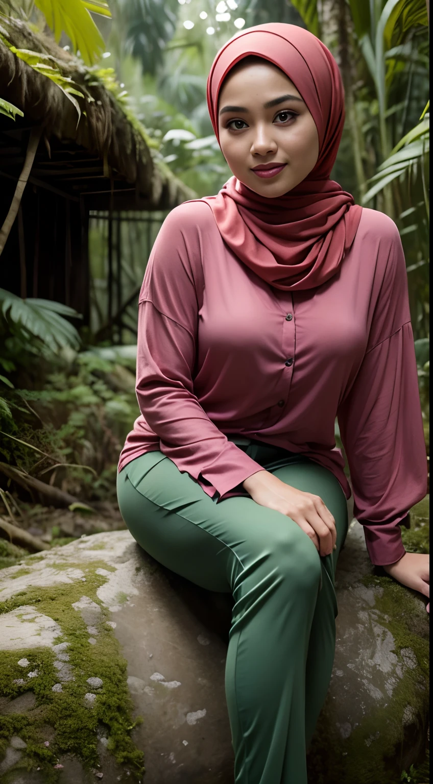 RAW, Best quality, high resolution, masterpiece: 1.3), beautiful Malay woman in hijab (iu:0.8),Best quality, high resolution, Masterpiece: 1.3, Beautiful hijabi malay girl, Masterpiece, Soft smile, Realistic, 1girl, charming eyes, glowing eyes, cut top, dress, parted lips, blush, night, sun, sun, big breasted girl, fashion outfit, sexy feminine,wear kebaya red long neck, sitting in Rainforest Jungle、Dense jungle,Mossy megalithic ruins、Humid rainforest, bright sunshine, hiking clothes, pullover, long pants, highres,4k,HDR,1girl, photorealistic, realistic,sweat skin, wet clothes, wet body, big breast, ((full body))soaked, dripping, smiling at viewer, closeup