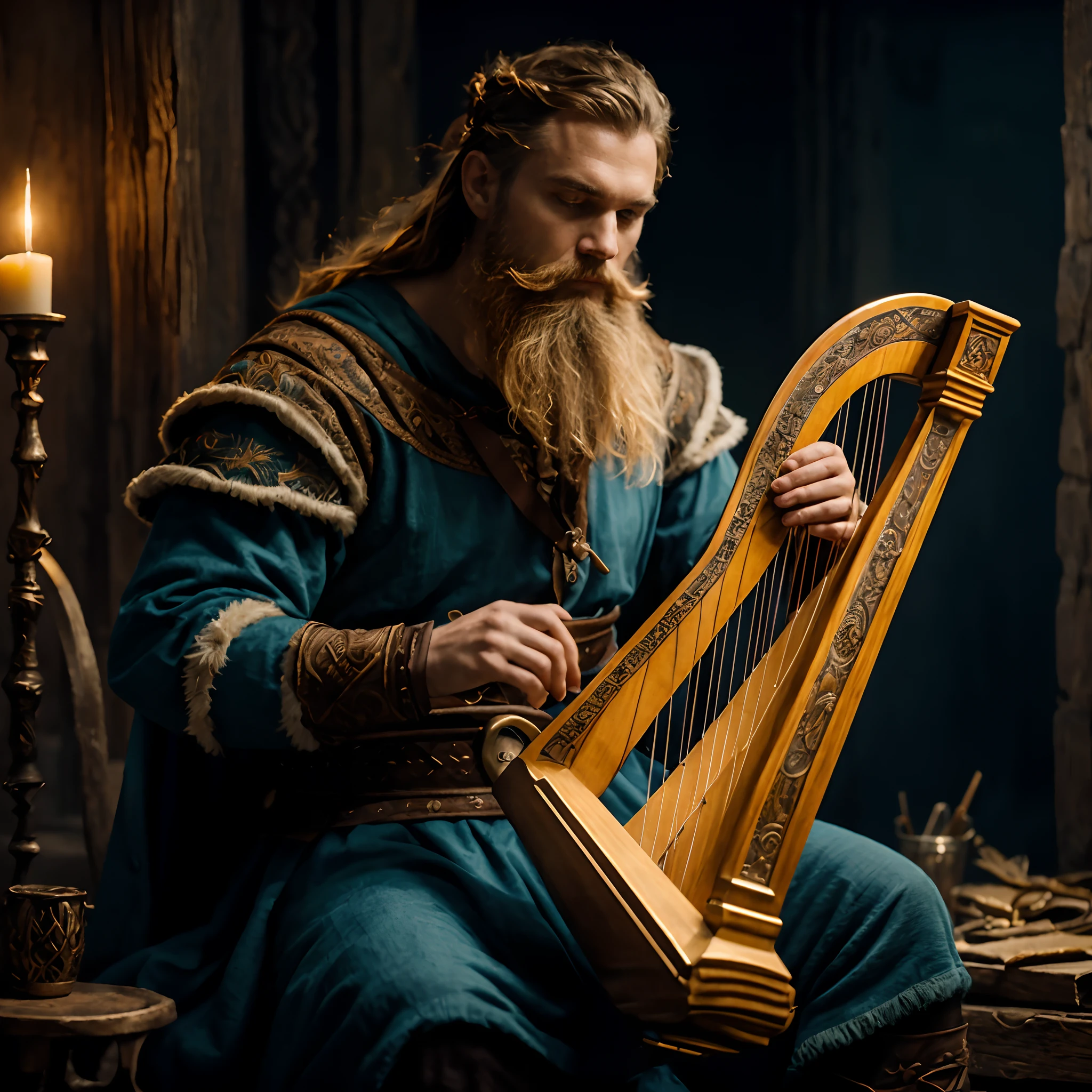 (best quality,Altas,ultra-detalhado),homem viking barbudo tocando uma pequena harpa,illustration,fantasia medieval,Atmospheric Illumination,tons de cores quentes, barba e cabelo detalhados,roupas ornamentadas,instrumento musical elegantemente trabalhado,vivid colors,Detalhes requintados,
*annotations: Este aviso descreve uma cena com um homem viking barbudo tocando uma pequena harpa. The image should be in the style of an illustration, with high resolution and ultra-detailed quality. The lighting should create an atmospheric and welcoming atmosphere, Enhancing the Medieval Fantasy Setting. A barba e o cabelo do homem devem ser retratados com detalhes intrincados, e suas roupas devem ser ornamentadas. A pequena harpa deve ser elegantemente trabalhada e visualmente atraente. Color tones should be vivid, apresentando uma variedade de cores vibrantes. Geral, The prompt aims to create a visually stunning and captivating image of a bearded Viking man immersed in music.*
