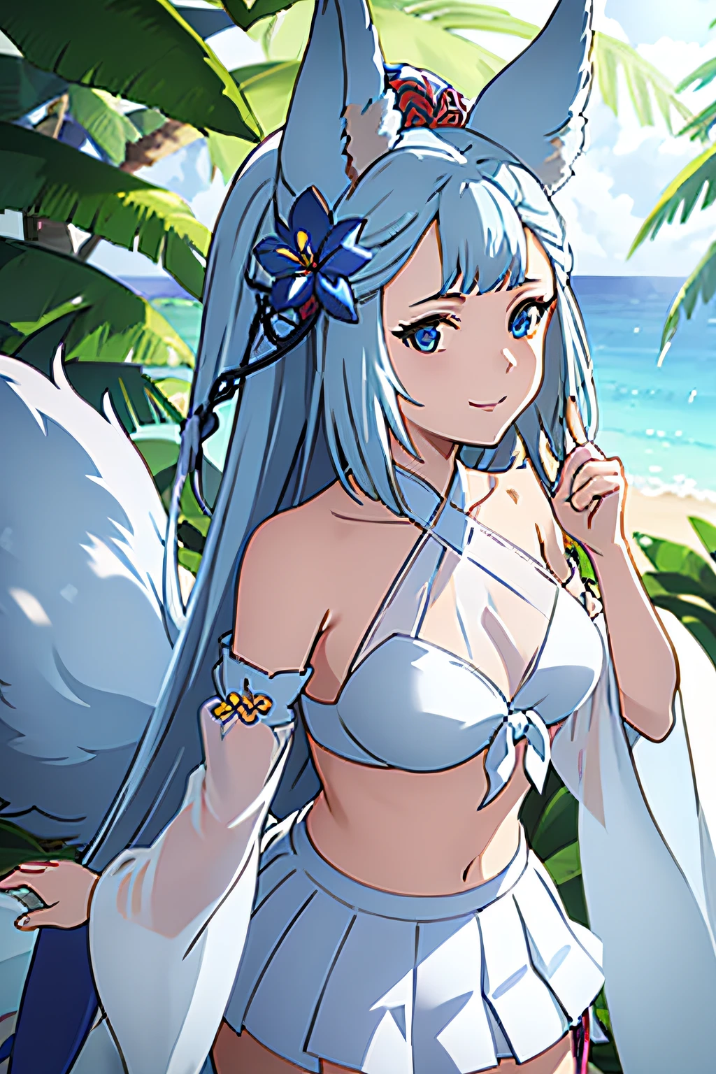 1girl, solo, facing viewer, looking at viewer, upper body, smile, SOCIETTESU, BLUE HAIR FLOWER, FOX TAIL, SEE THROUGH, WHITE SWIMSUIT, DETACHED SLEEVES, BIKINI SKIRT, THIGH STRAP