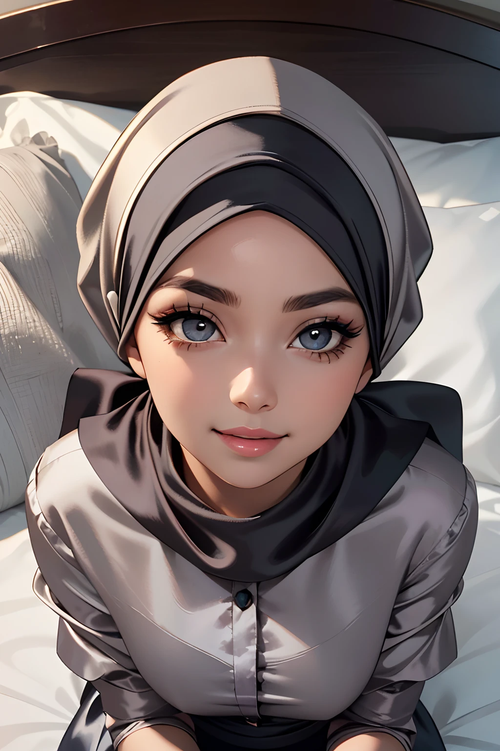 Masterpiece, realistic, best quality, best lighting, 1 girl photo solo, beautifully makeup, eyeshadow, Parted Lips, Detailed Eyes, beautiful big eyes, long eye lashes, smile, wearing ((Dark gray satin headscarf)), loosely tide hijab style, ((Taupe satin shirt)), satin long skirt, sleeping on a bed, laying on bed