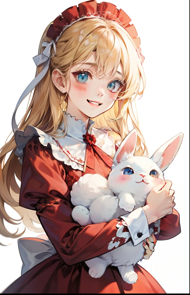 girl with、Background white、without background、a blond、The long-haired、with blush cheeks、、frilld、bow ribbon、Smiling、Red dress、Holding a cute stuffed rabbit、kawaii、without background