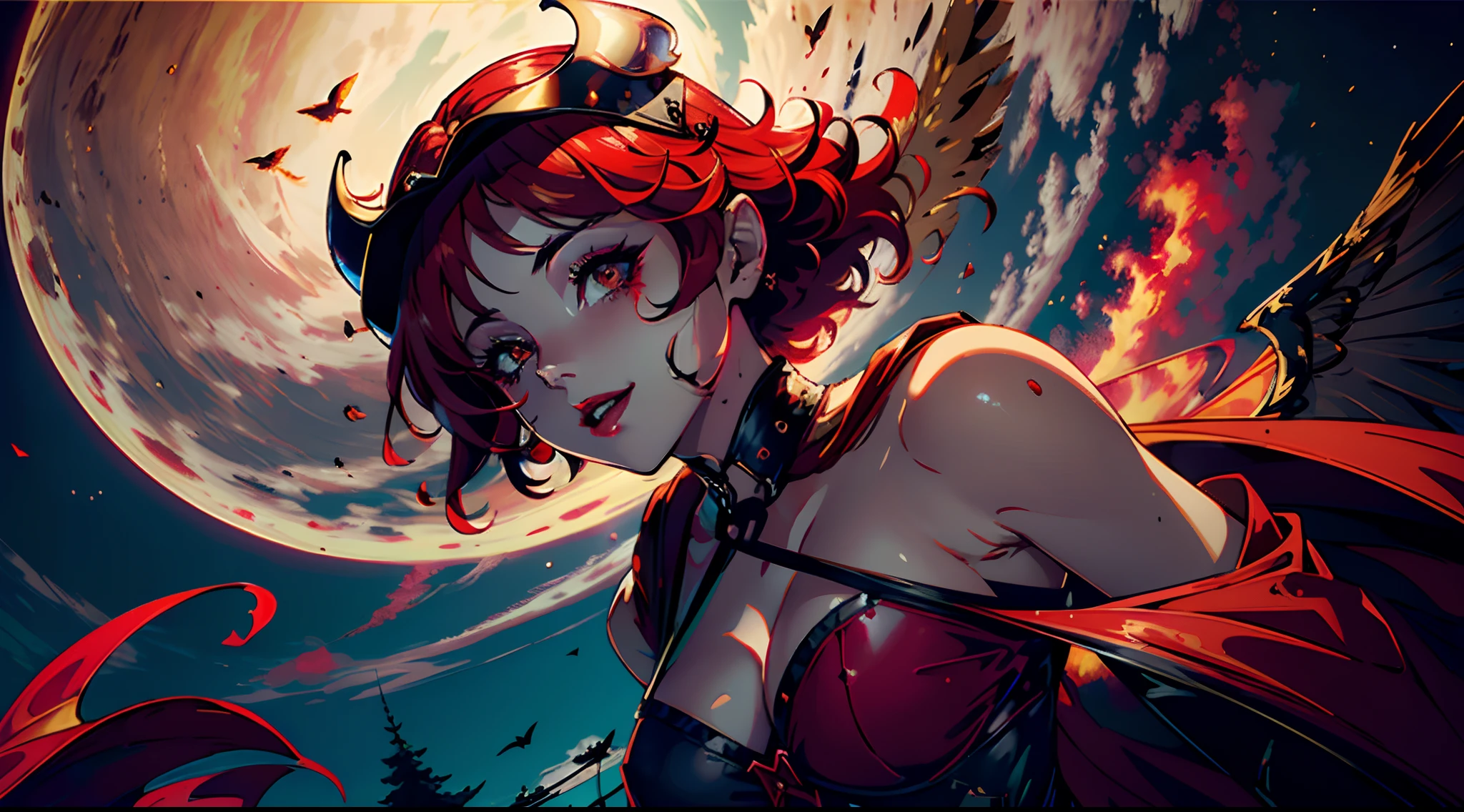 (((best quality))), (((ultra detailed))), (((masterpiece))), illustration,(The dark red blood cloud floats in the air,the red bat,blood magic),1girl,sex, perfect face,One of her hands waved a whip, volumetric lighting,sexy girl wowdk,crazy smile,red blood rain, crow,graveyard, fantasy, underground castle, ((muted colors, night, darkness)), makeup, mascara,translucent Skin,  HALFTONE,cloud,LIGHT_PARTICLES,eldenring\(malenia\) 1girl, winged helmet, red cape, (malenia_blade:1.3), covered eyes, blood,red hair,(cursed_left_arm:1.3)