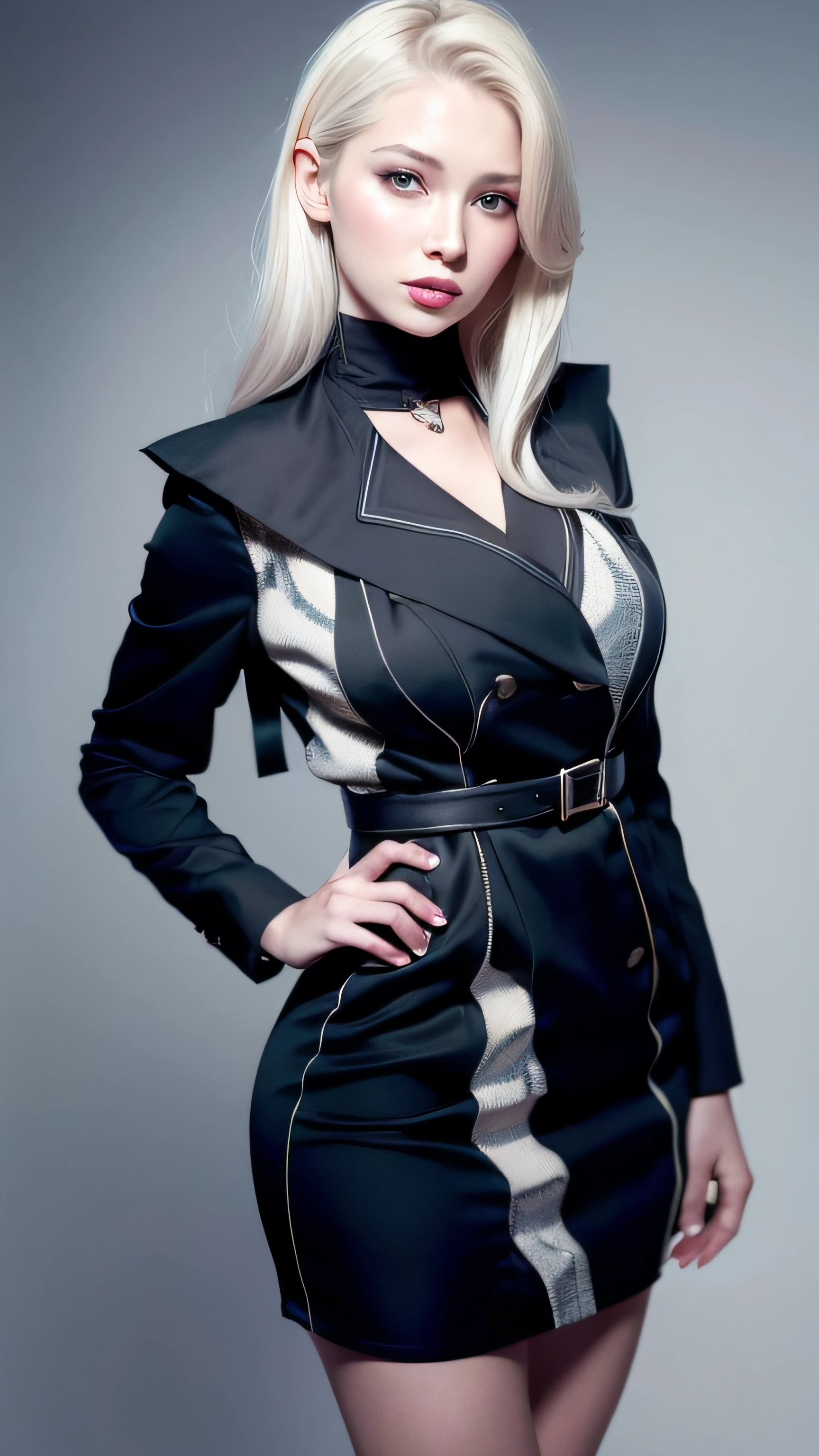 1 Russian girl, beautiful retro colors, instagram (realistic, high resolution: 1.4), (puffy eyes)), looking at the viewer, full body (8k, RAW photo, best quality, masterpiece: 1.2), (realistic, photorealistic photo: 1.37), (sharp focus: 1.2), professional lighting, photon mapping, radiosity, physically based rendering, (pale skin: 1.2), (big breast: 1.2), looking at the viewer, (medium hair: 1.5), portrait, purple eyes, (silver: 1.1), bangs, (simple background: 1.4), solo, upper body, realistic, (masterpiece: 1.4), (highest quality: 1.4), (brightened skin), mage sister, makeup, smile (thin, shut up, shy: 1.3), (standing, black flight attendant uniform, necromancer: 1.1), large bust, sexy pose,