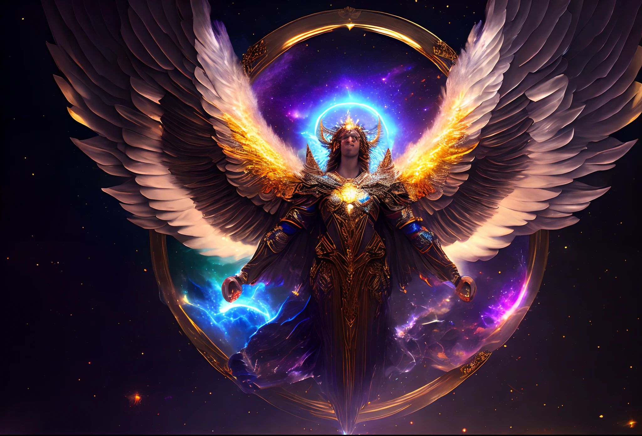Ultra high quality, 8k, ultra detailed, high definition, floating Angel with six wings, four angelic wings and two demonic wings, dark seraphim, halo on angel's head, ultra detailed angelic armour with demonic features, standing between good and evil, space, beautiful cosmos, rainbow nebula, golden aura with a tint of darkness