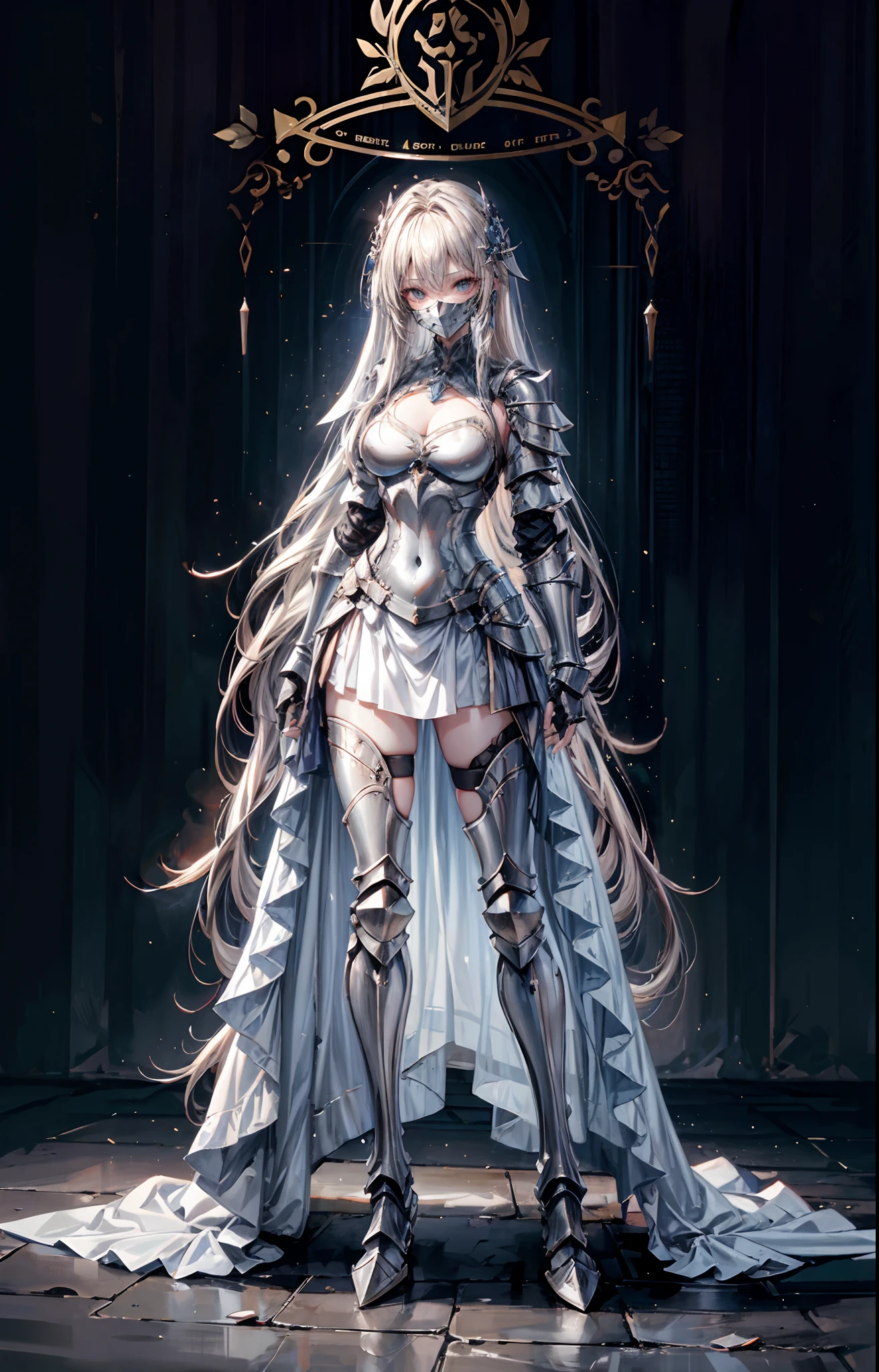 Sister of the Iron Mask,Long flowing blonde hair,(Wear an iron mask:2.0)and armor,Wearing an iron mask and armor,Metal heels,Long face,Long face,Long face shape