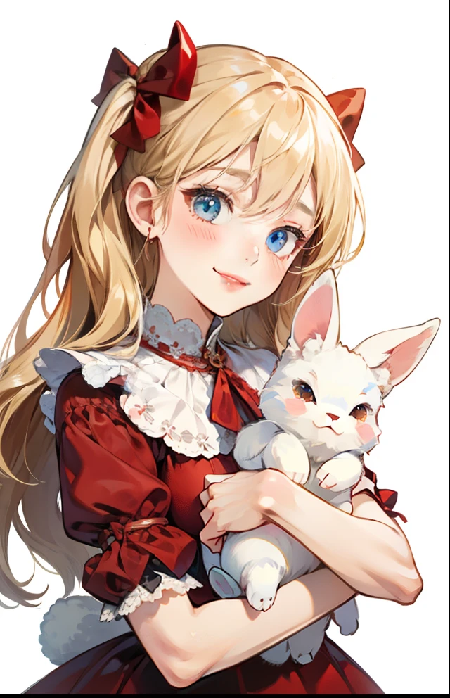 girl with、Background white、without background、a blond、The long-haired、with blush cheeks、、frilld、bow ribbon、Smiling、Red dress、Holding a cute stuffed rabbit、kawaii、without background