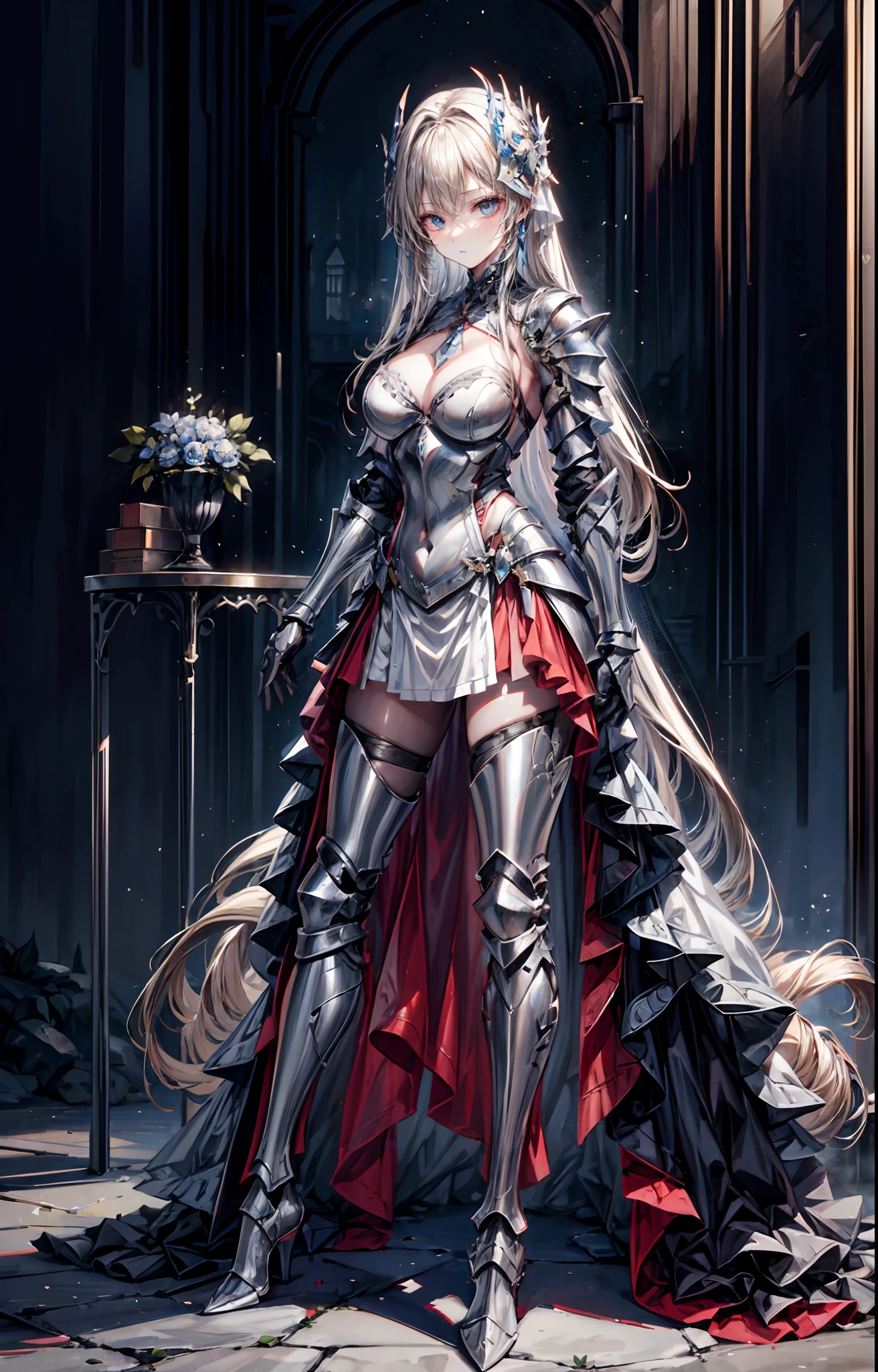 Sister of the Iron Mask,Long flowing blonde hair,(Wear an iron mask:2.0)and armor,Wearing an iron mask and armor,Metal heels,Long face,Long face,Long face shape