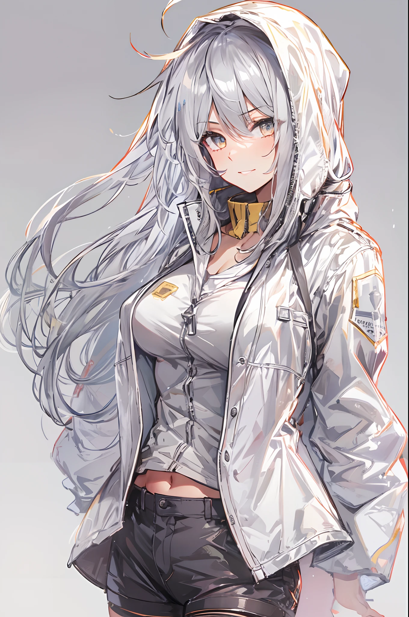 1girl, {solo}, upper body ,{{ {looking at viewer}}}, arm at side, concept art, white background, simple background, white hair, silver gradiient hair , complex cloth, asymmetrical clothes, virtual youtuber, best quality, masterpiece, dynamic angle, guilty gear, guilty gear, guilty gear, cowboy_shot, looking_back, grabbing, girl,woman,female, young,20 years old, very long hair, flipped hair, silver hair, flowing hair, ahoge, smirk, beautiful and delicate golden eyes, teeth, medium_breasts, blonde eyes, white skin, coat, hoodie, black_shorts, grey Clothes, transparent_background, backlighting, absurdres, highres, ultra detailed,