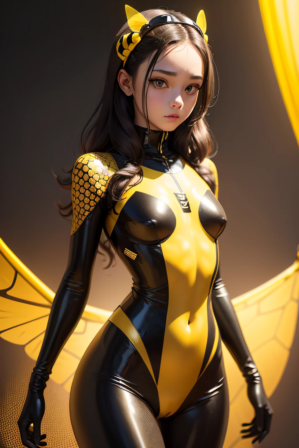 The girl who became the phantom of the bee　He looks like he's wearing a yellow and black striped rubber suit.　On the back are spread bee wings　There are antennae on the forehead, UHD, retina, masterpiece, ccurate, anatomically correct, textured skin, super detail, high details, high quality, best quality, highres