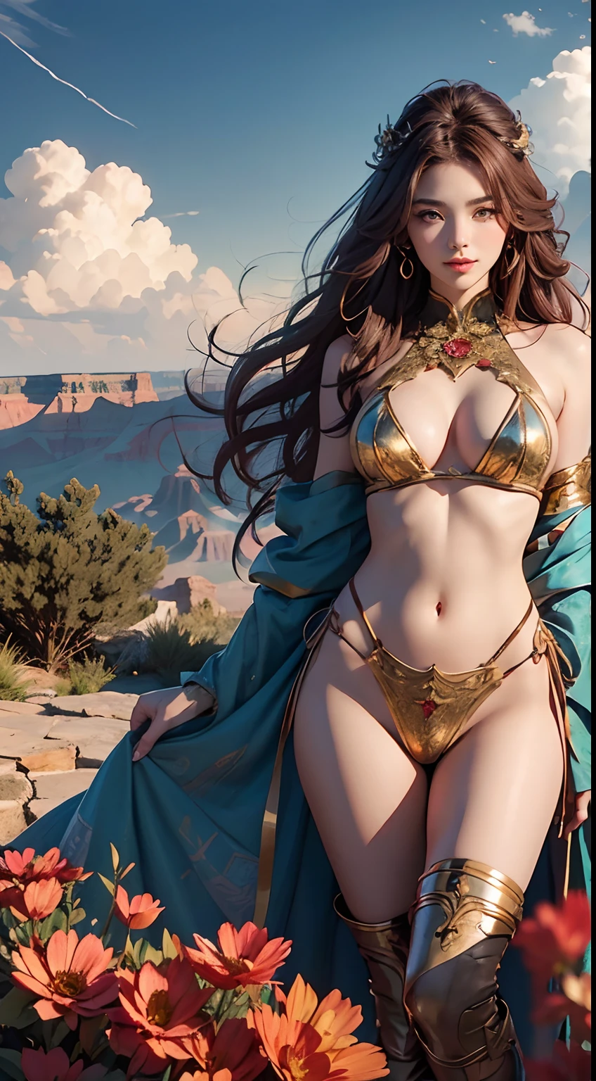 Sexy goddess，The facial features are extremely beautiful，body shape is slim，Sense of character，long leges，Bigchest，Red long-haired，curlies，Lie in the flowers，artistic pose，Grand Canyon in the background，rios，Large ancient palaces，Strange sky，flying saucer，Singular clouds，Close-up after sunset