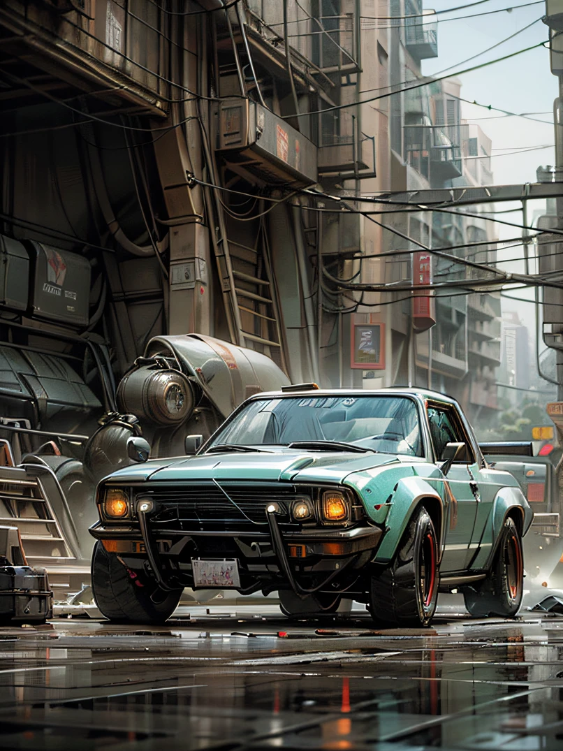 ((masterpiece、top-quality、realisitic、ultra-detailliert、hight resolution、Photorealsitic、foco nítido、photographrealistic、Raw photography、lighting like a movie))、High brightness、Noon Wilderness、((Futuristic Cyberpunk Pickup Truck))、Equipped with drums、High vehicle height、(With glowing tires)、Red rust-colored car body、3/4Front view