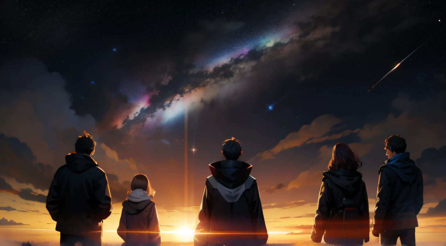 Silhouette of four adults looking at the galaxy with many planets