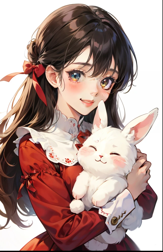 girl with、Background white、without background、A dark-haired、The long-haired、with blush cheeks、、frilld、bow ribbon、Smiling、Red dress、Holding a cute stuffed rabbit、kawaii、without background