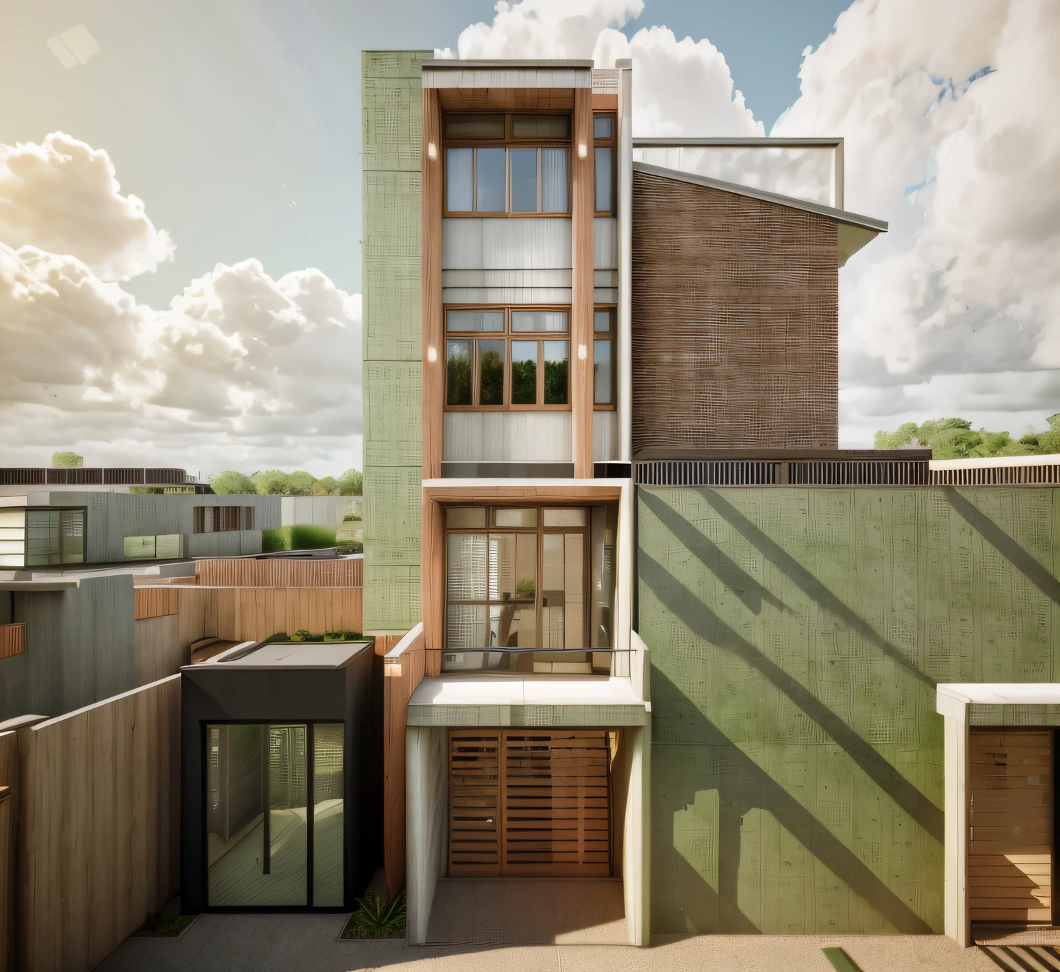 TOWNHOUSE, MODERN STYLE, VRAY RENDER, SURROUNDED WITH GREEN TREES, WARM TONES, CLOUDY SKY, MORNING