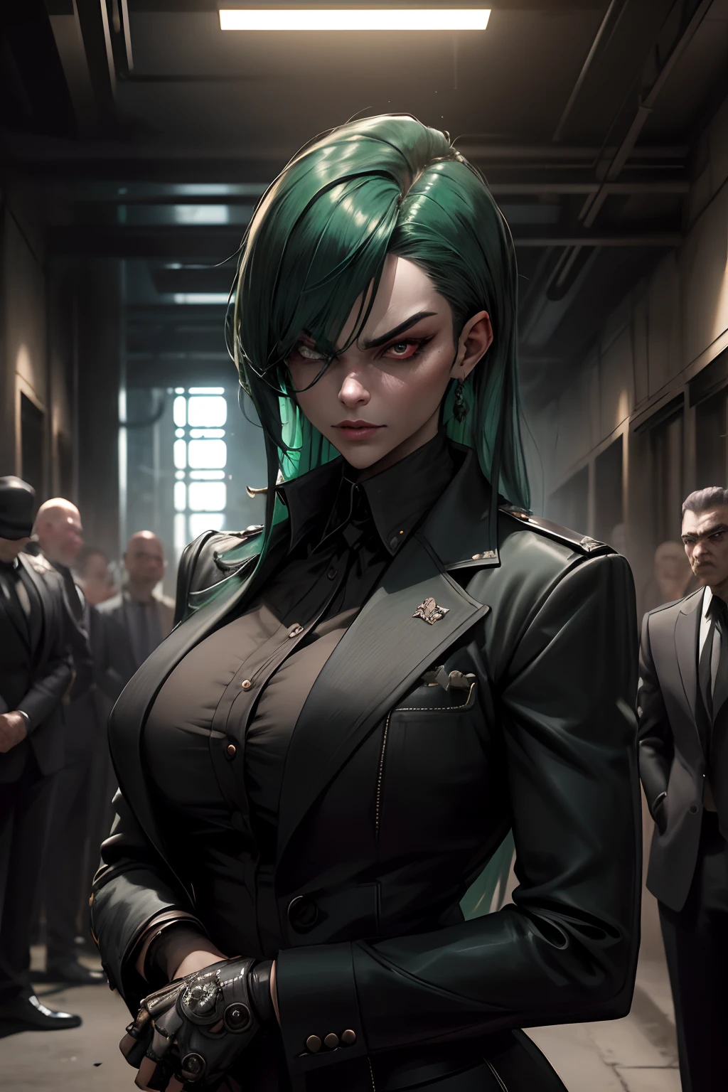 a green-haired girl boss of the mafia,dark atmosphere,hidden weapons,high-end luxury cars,strategic meeting,secret hideout,heavy security,confident posture,determined look,fierce eyes,sleek and stylish outfit,dramatic lighting,gritty urban backdrop,intense expression,sharp suit,engaged in a power struggle,strong-willed leader,heavily guarded premises,menacing presence,exuding authority,dark,industrial aesthetic,forceful personality,criminal empire,dominant and powerful,underworld queenpin,bank vault full of money,loyal henchmen,sophisticated and calculated,lucrative illegal activities,plotting the downfall of rivals,impressive and intimidating,mastermind of criminal operations,a force to be reckoned with,commanding respect and fear,mysterious and enigmatic,sharp and cunning,in control of every situation,business negotiations with rival gangs,shrewd and calculating,commanding respect,untouchable and influential,boss lady of the criminal underworld,(best quality, highres,photorealistic)