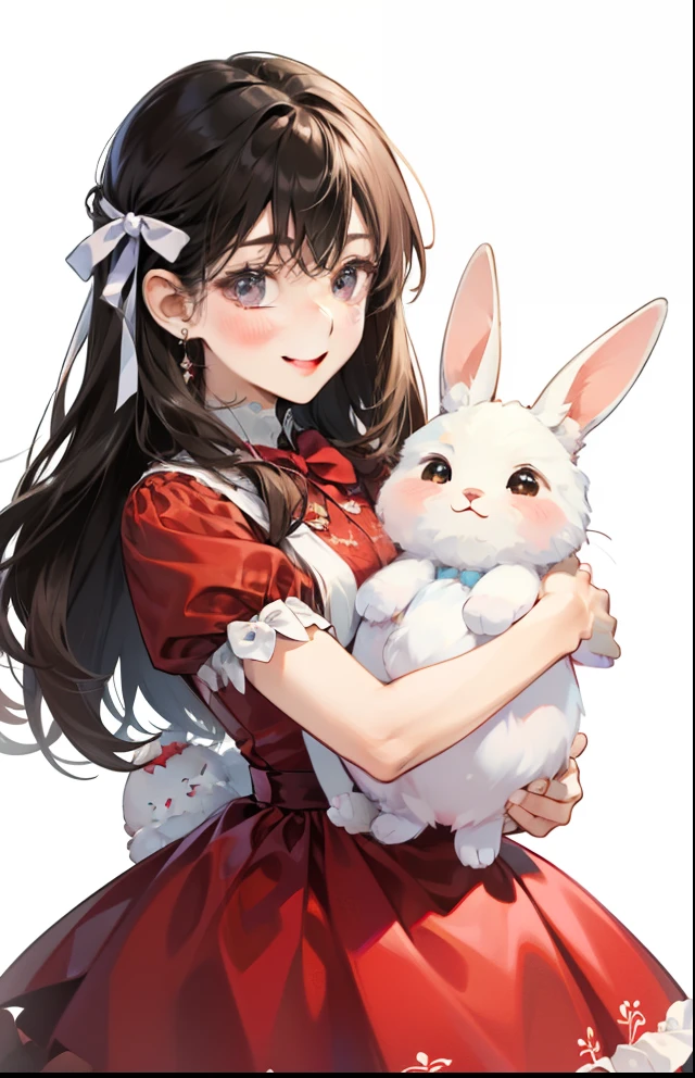 girl with、Background white、without background、A dark-haired、The long-haired、with blush cheeks、、frilld、bow ribbon、Smiling、Red dress、Holding a cute stuffed rabbit、kawaii、without background