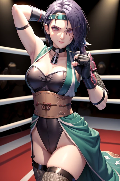 masterpiece, best quality, ninShamir, headband, armor, choker, japanese clothes, sash, fingerless gloves, black shorts, fishnets, black thighhigh, large breasts, looking at viewer, furrowed brow, smile, ((Tight leotard)), ((sexy fight pose)), ((Wrestling ring))