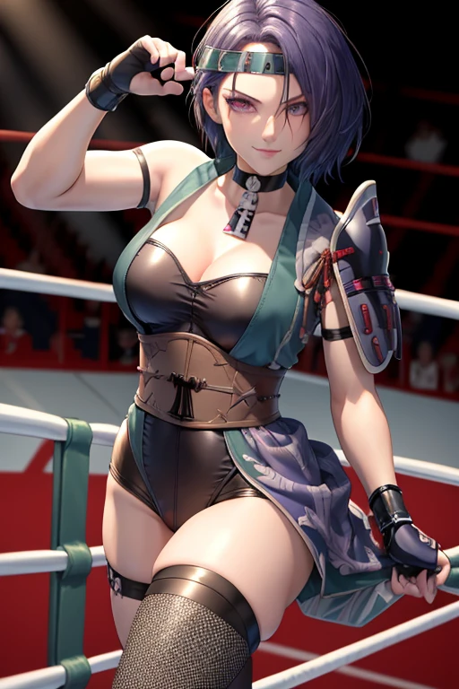 masterpiece, best quality, ninShamir, headband, armor, choker, japanese clothes, sash, fingerless gloves, black shorts, fishnets, black thighhigh, large breasts, looking at viewer, furrowed brow, smile, ((Tight leotard)), ((sexy fight pose)), ((Wrestling ring))