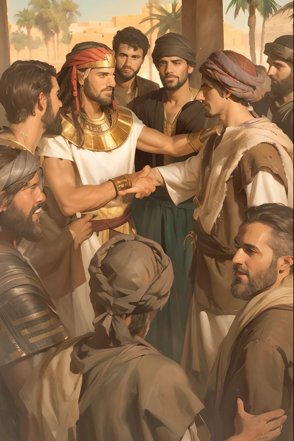 (best quality, 8k, high resolution, masterpiece), ultra-detailed, realistic, professional, portraits, biblical story, joseph of egypt. hebrew man, handsome face, smiling, extremely detailed eyes and face, handsome face, joseph of Egypt, talking to his Hebrew brothers, wearing a robe of different colors, vibrant and rich colors, traditional biblical scene, pictorial representation, soft lighting, dramatic shadows, ancient Egyptian setting, historical accuracy, powerful emotions, group of Hebrew brothers, minimalist background , authentic costume details, ancient architecture, proud and confident posture, outdoor environment, sunny day, colorful and diverse ethnicities, meticulous attention to facial expressions, atmospheric perspective, dynamic composition, realistic textures, expressive brushstrokes, painterly quality, vivid colors, emotional narrative.